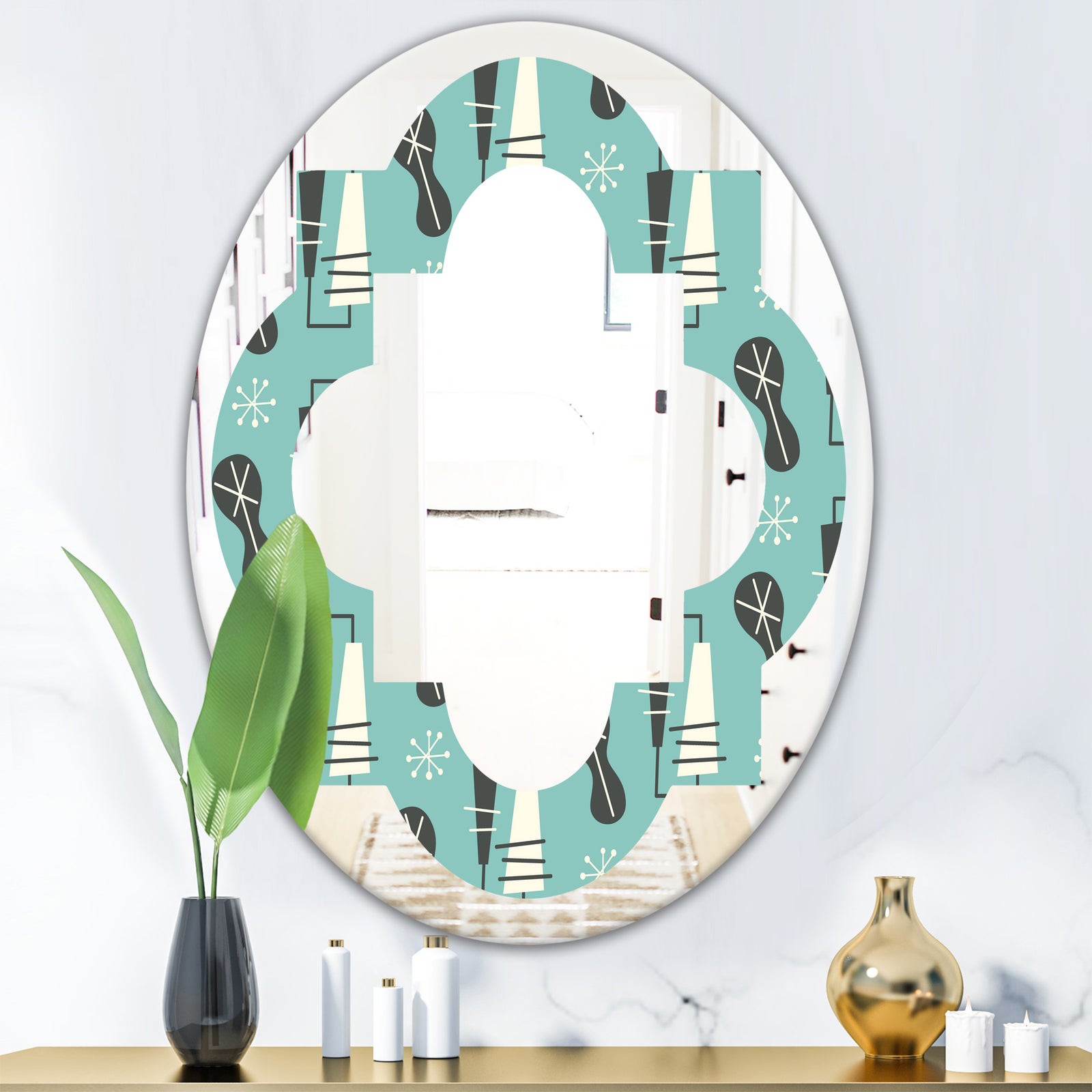 1950 Retro Pattern II - Modern Round or Oval Wall Mirror - Quatrefoil