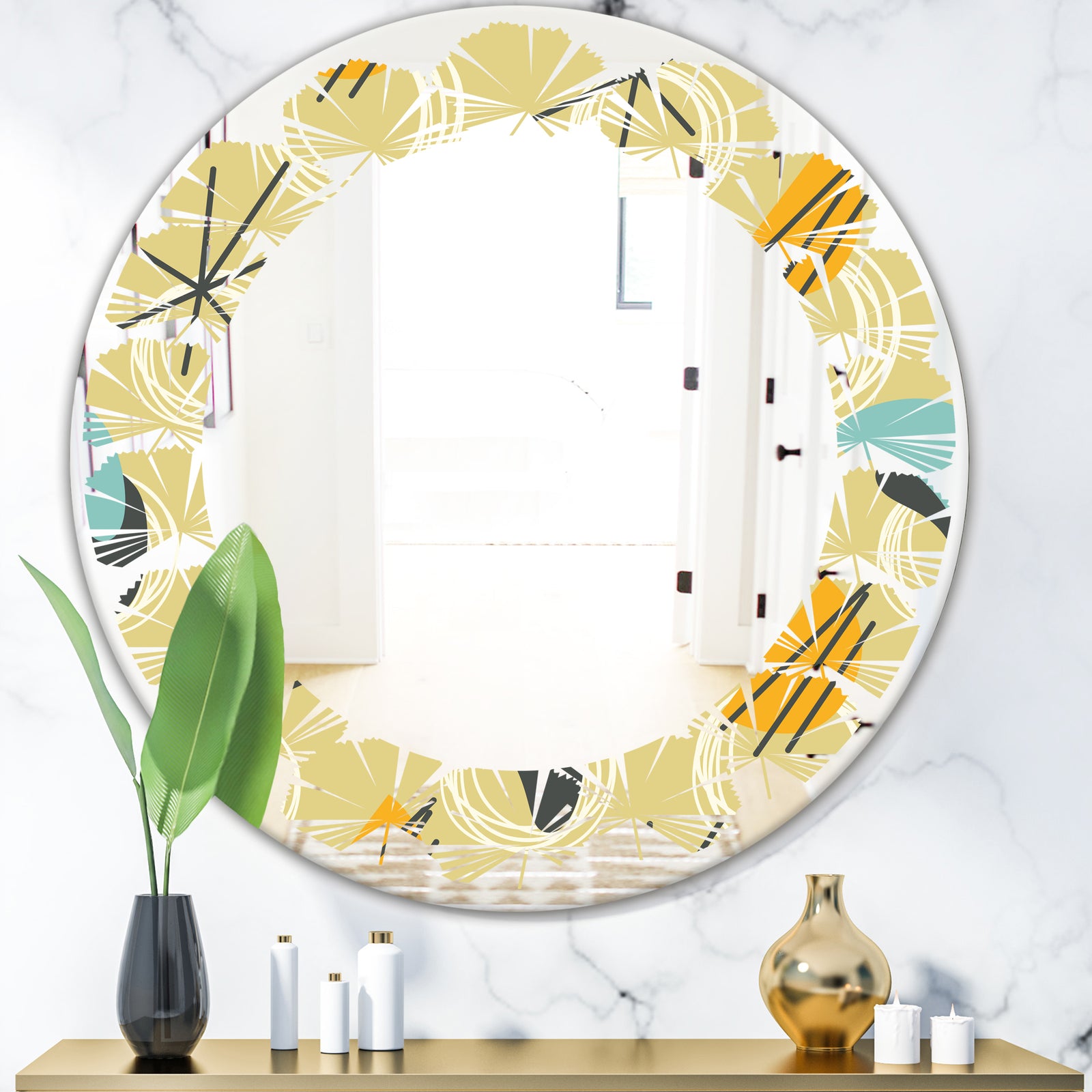 Retro Abstract Design II - Modern Round or Oval Wall Mirror - Leaves
