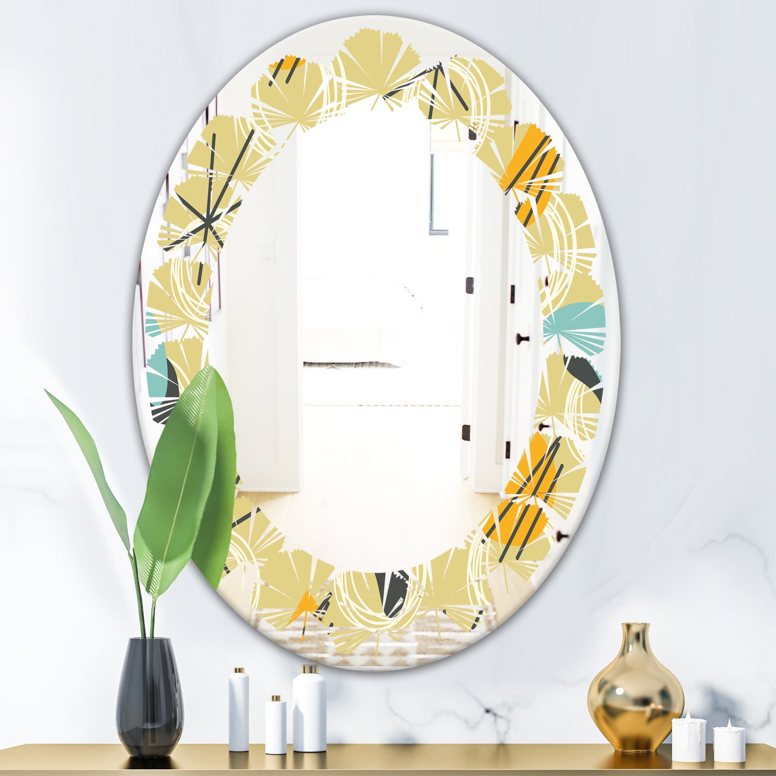 Retro Abstract Design II - Modern Round or Oval Wall Mirror - Leaves