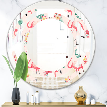 Tropical Botanicals, Flowers and Flamingo II - Modern Round or Oval Wall Mirror - Space