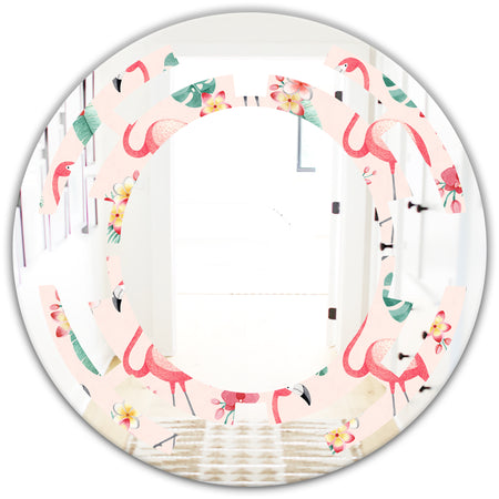 Tropical Botanicals, Flowers and Flamingo II - Modern Round or Oval Wall Mirror - Space