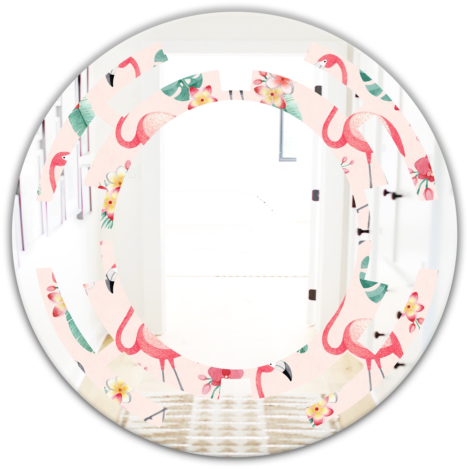 Tropical Botanicals, Flowers and Flamingo II - Modern Round or Oval Wall Mirror - Space