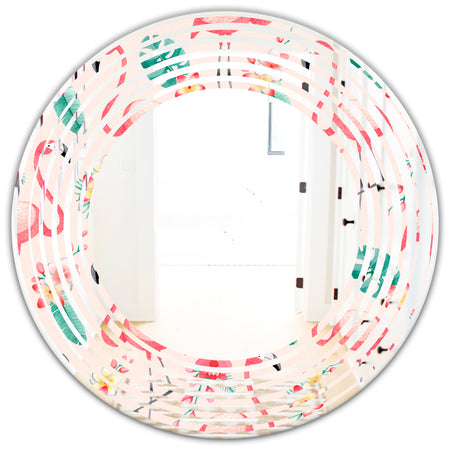 Tropical Botanicals, Flowers and Flamingo II - Modern Round or Oval Wall Mirror - Wave