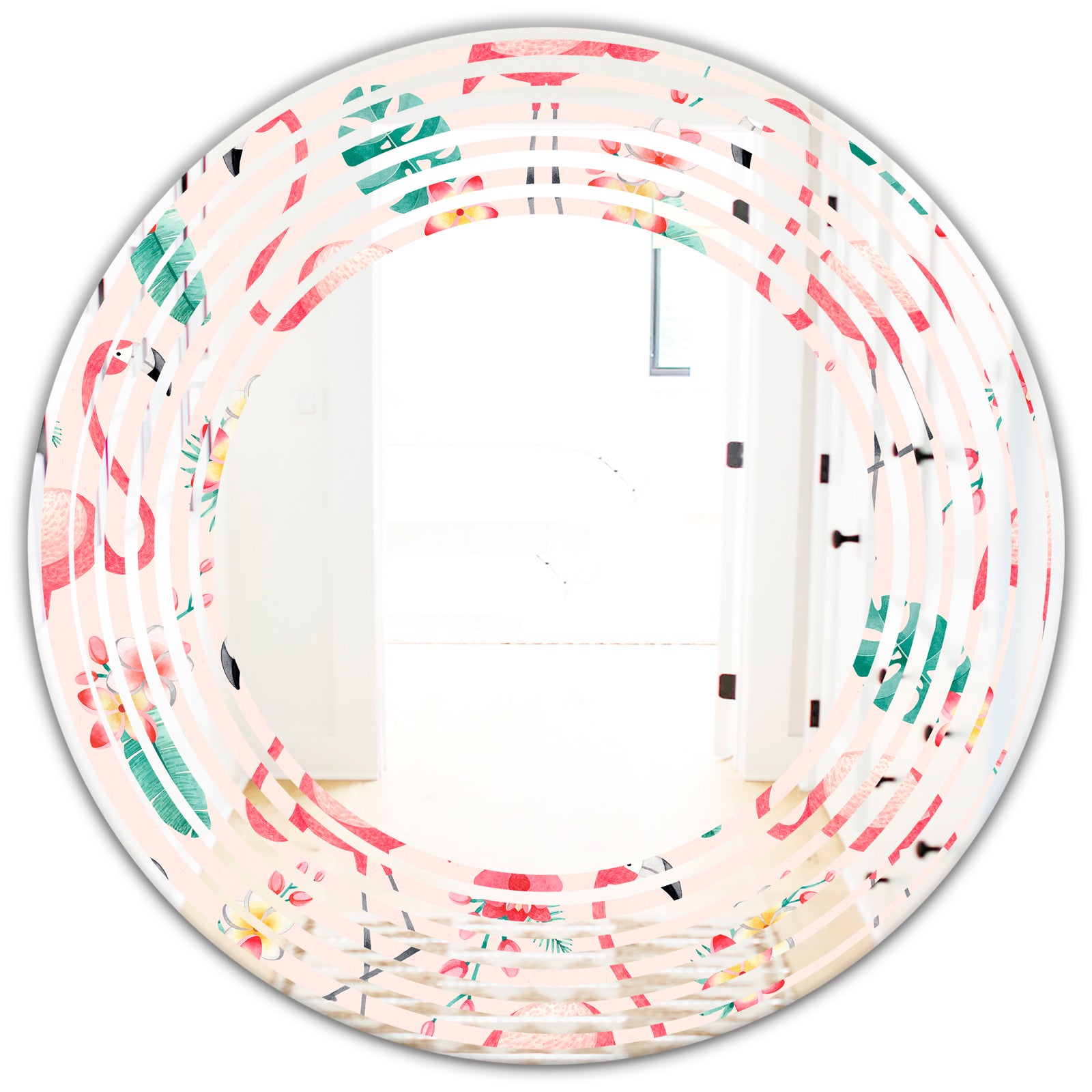 Tropical Botanicals, Flowers and Flamingo II - Modern Round or Oval Wall Mirror - Wave