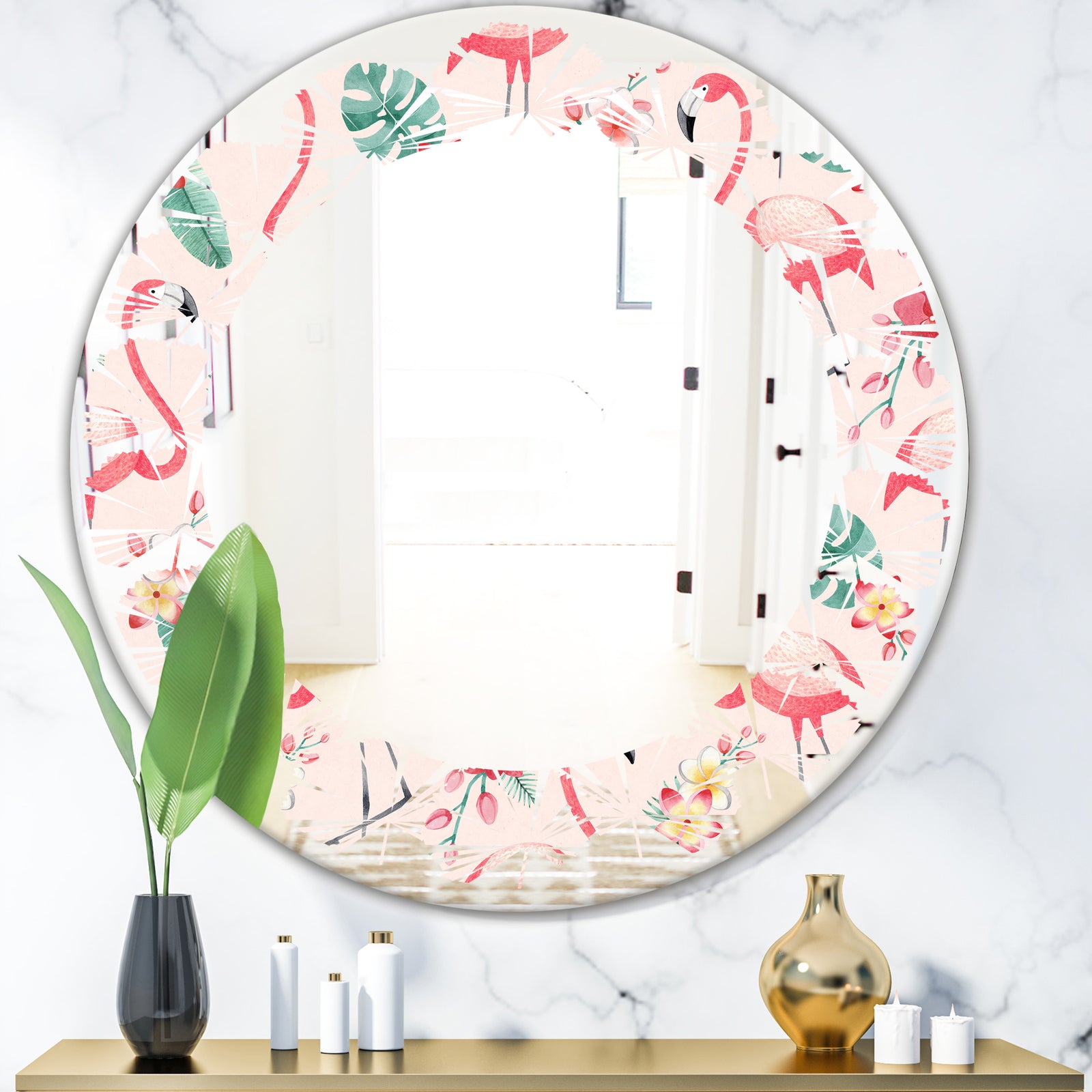 Tropical Botanicals, Flowers and Flamingo II - Modern Round or Oval Wall Mirror - Leaves