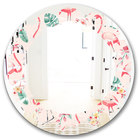Tropical Botanicals, Flowers and Flamingo II - Modern Round or Oval Wall Mirror - Leaves