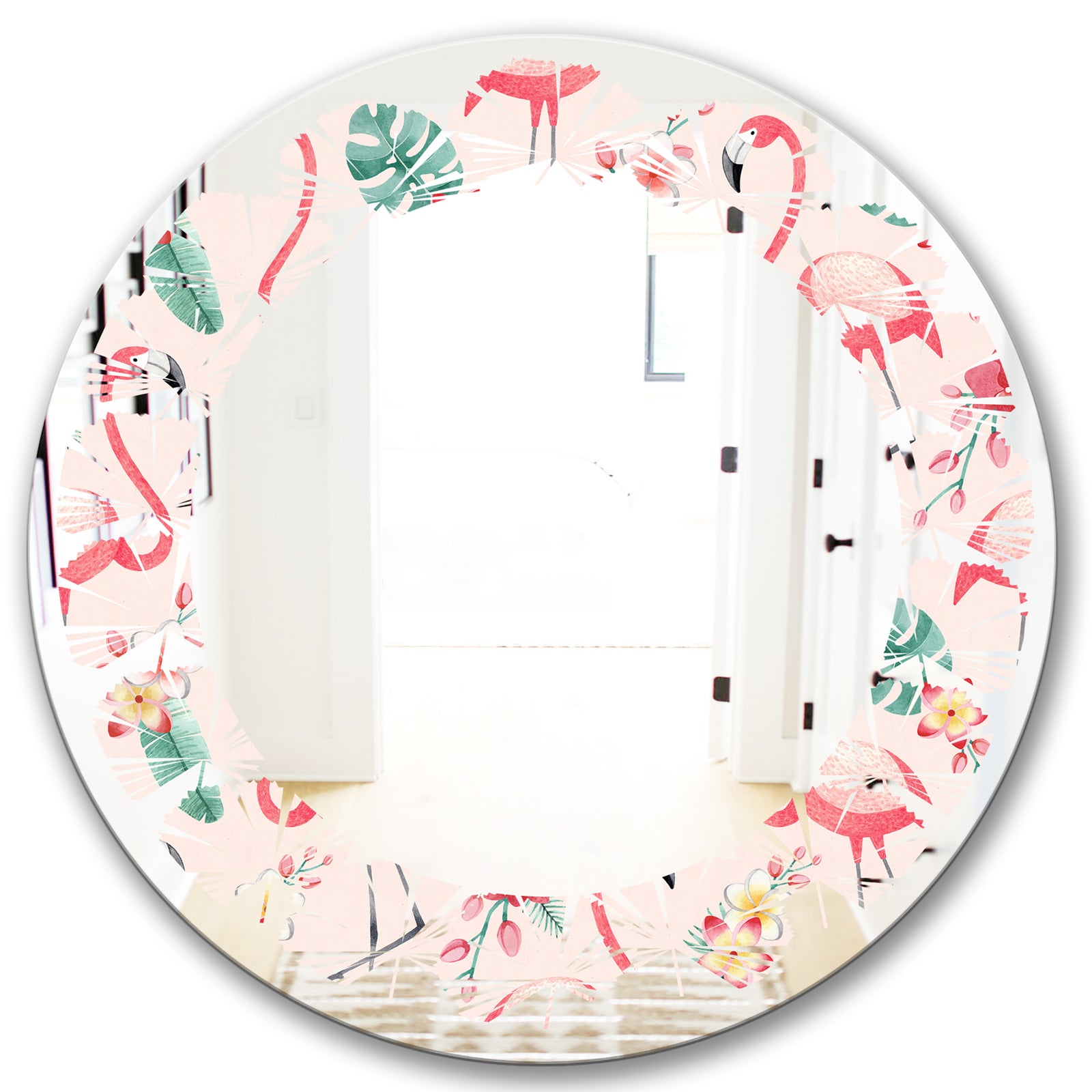 Tropical Botanicals, Flowers and Flamingo II - Modern Round or Oval Wall Mirror - Leaves