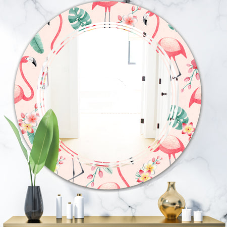 Tropical Botanicals, Flowers and Flamingo II - Modern Round or Oval Wall Mirror - Triple C