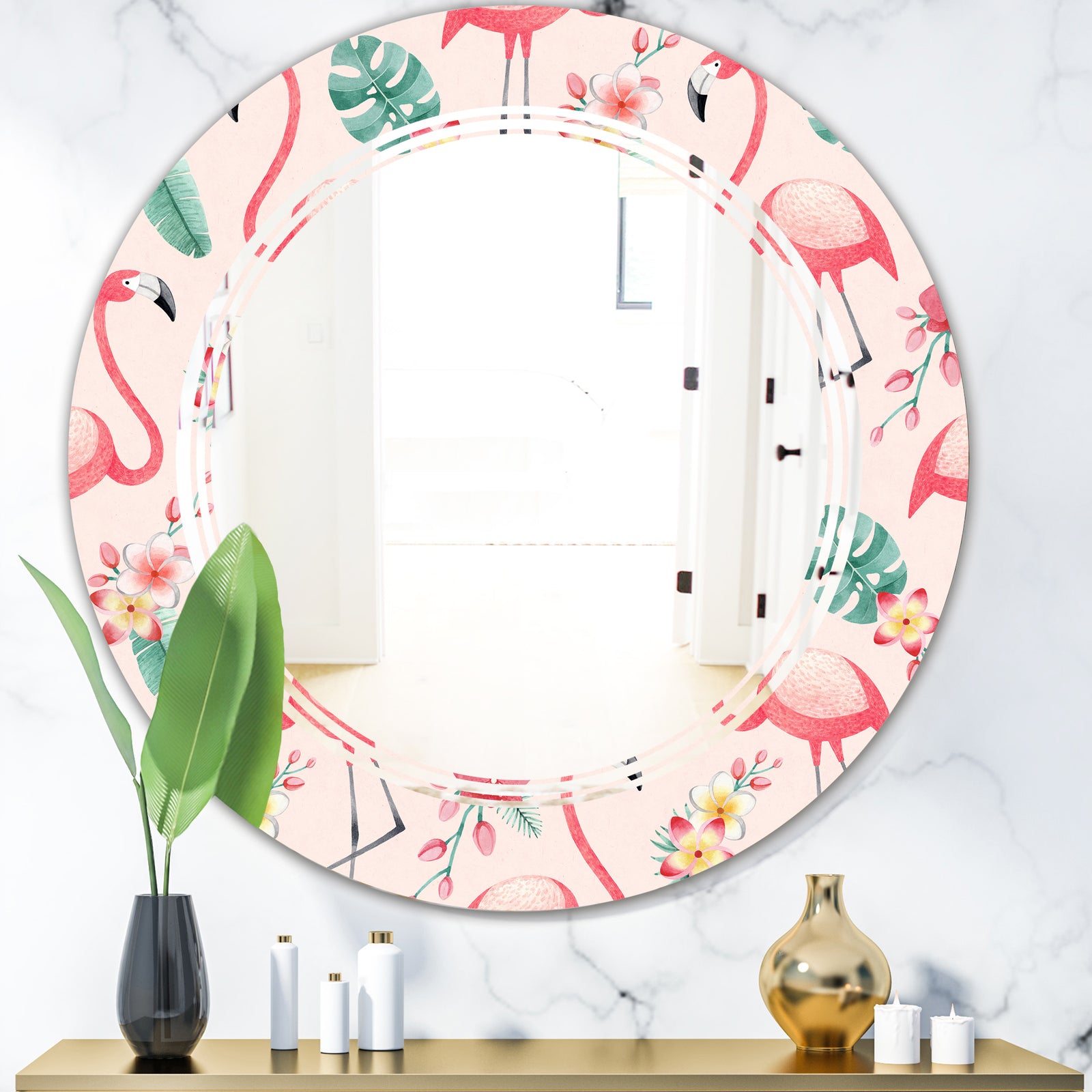 Tropical Botanicals, Flowers and Flamingo II - Modern Round or Oval Wall Mirror - Triple C