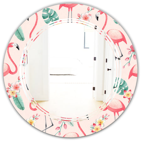 Tropical Botanicals, Flowers and Flamingo II - Modern Round or Oval Wall Mirror - Triple C