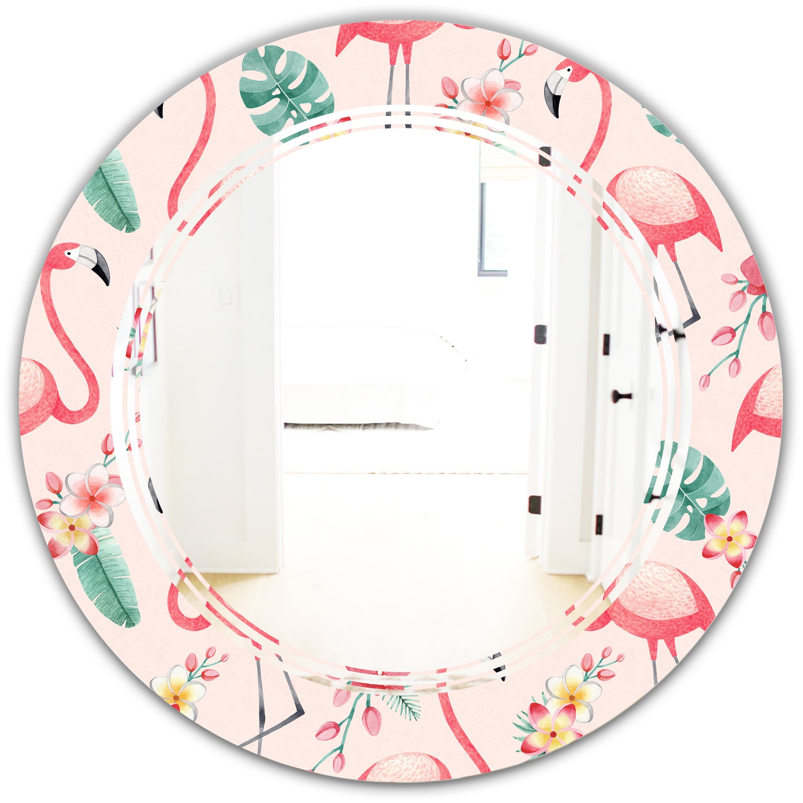 Tropical Botanicals, Flowers and Flamingo II - Modern Round or Oval Wall Mirror - Triple C