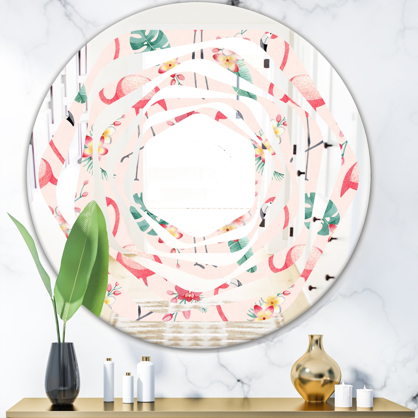 Tropical Botanicals, Flowers and Flamingo II - Modern Round or Oval Wall Mirror - Whirl