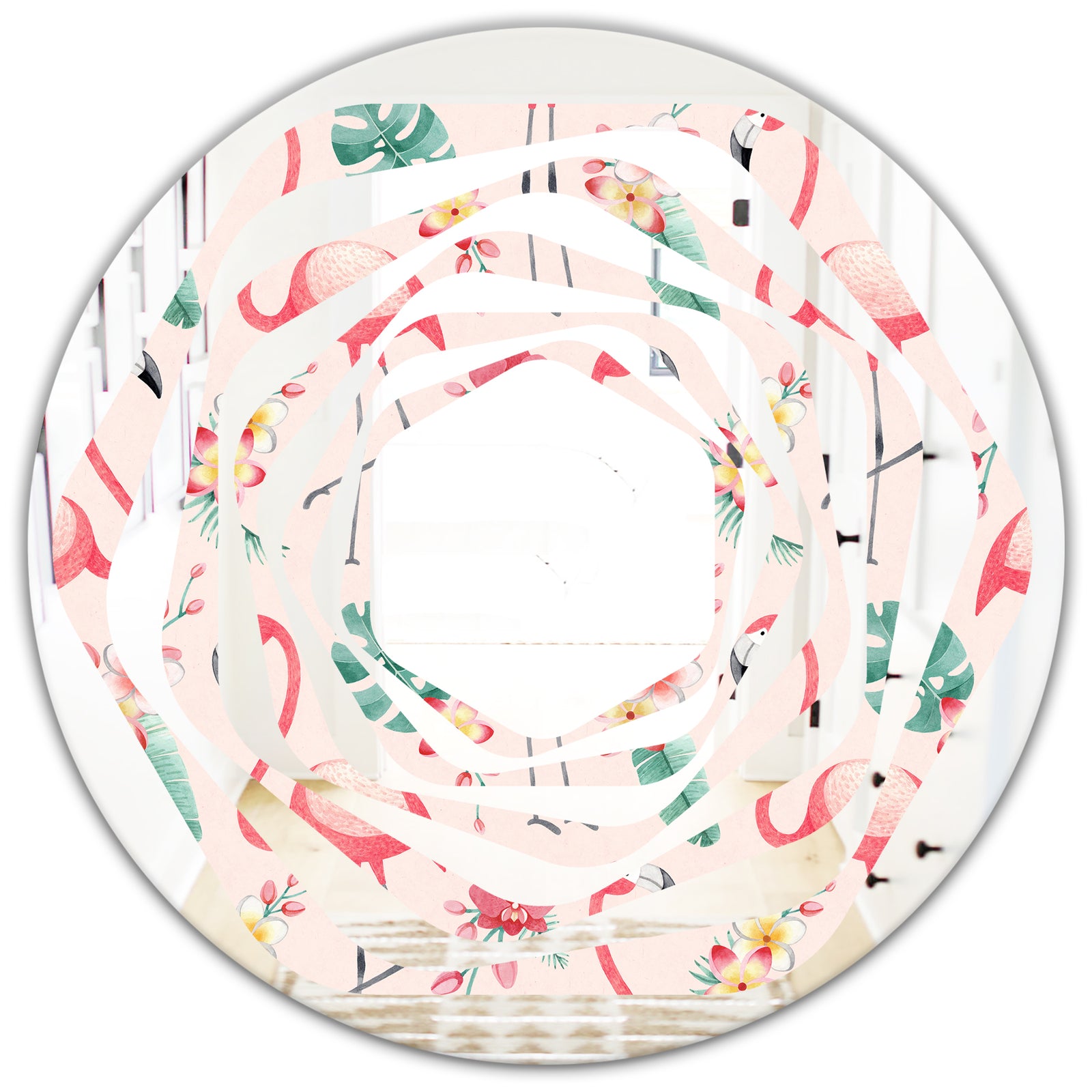 Tropical Botanicals, Flowers and Flamingo II - Modern Round or Oval Wall Mirror - Whirl