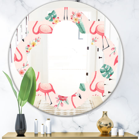 Tropical Botanicals, Flowers and Flamingo II - Modern Round or Oval Wall Mirror - Quatrefoil