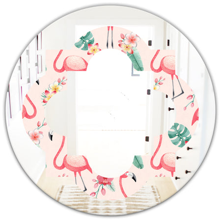 Tropical Botanicals, Flowers and Flamingo II - Modern Round or Oval Wall Mirror - Quatrefoil
