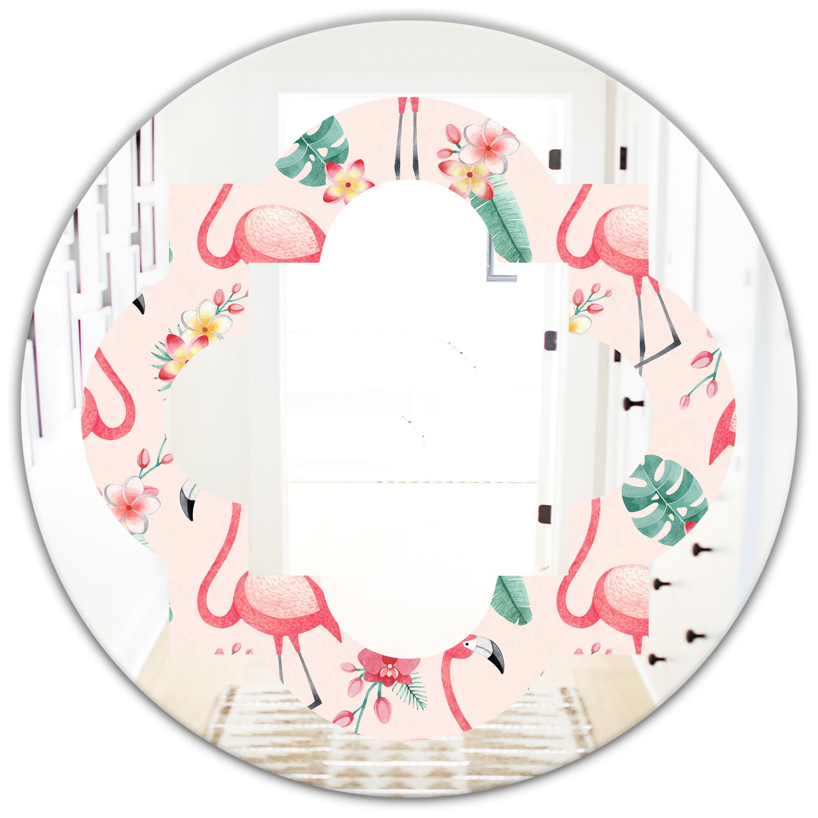 Tropical Botanicals, Flowers and Flamingo II - Modern Round or Oval Wall Mirror - Quatrefoil
