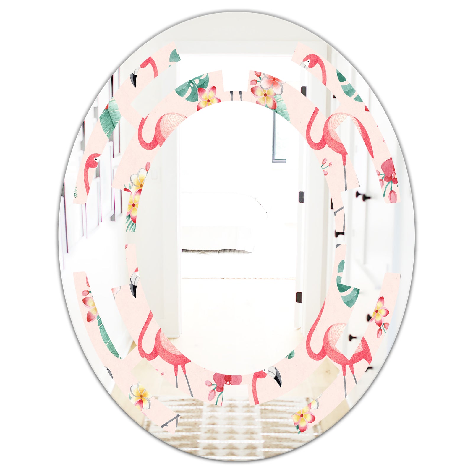 Tropical Botanicals, Flowers and Flamingo II - Modern Round or Oval Wall Mirror - Space