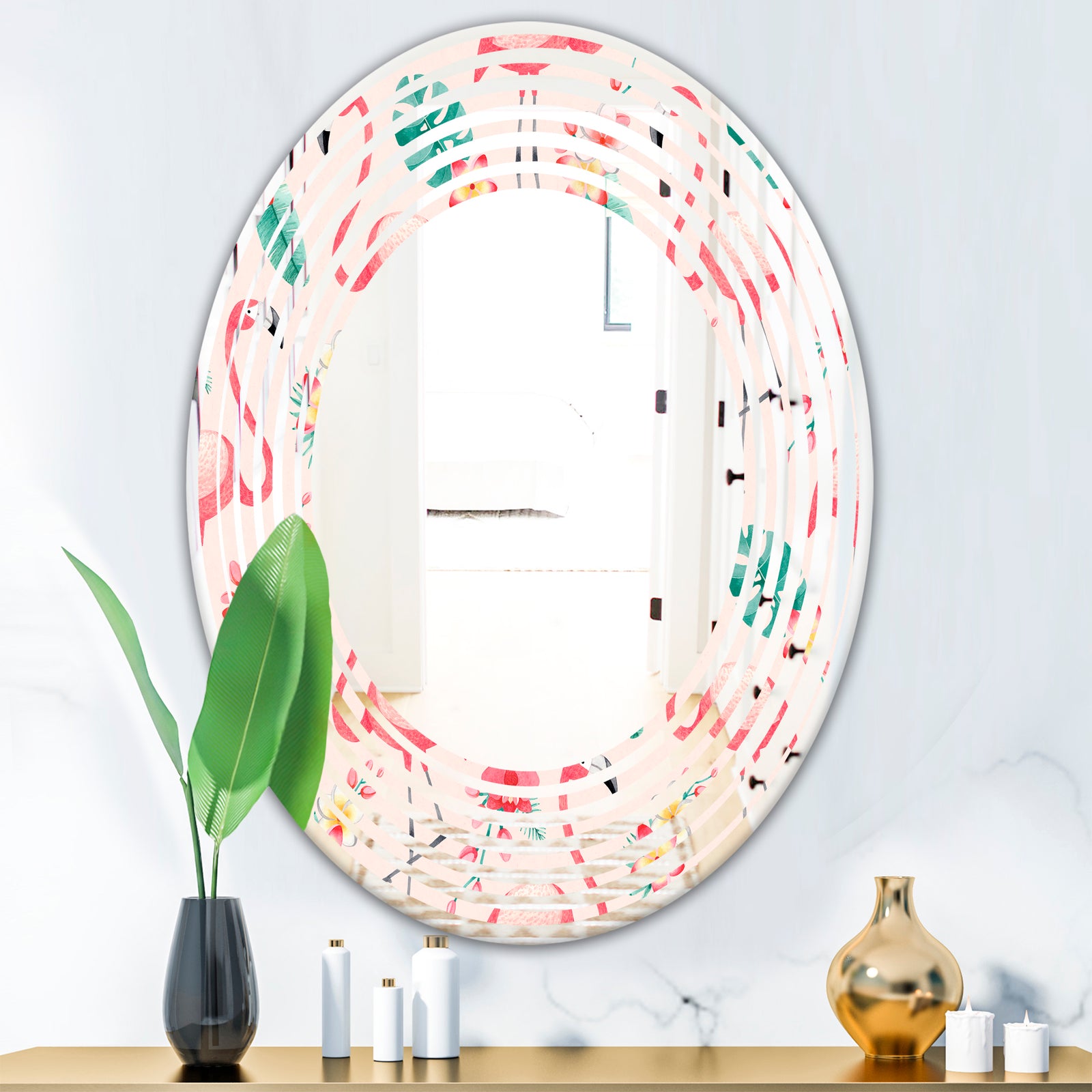 Tropical Botanicals, Flowers and Flamingo II - Modern Round or Oval Wall Mirror - Wave