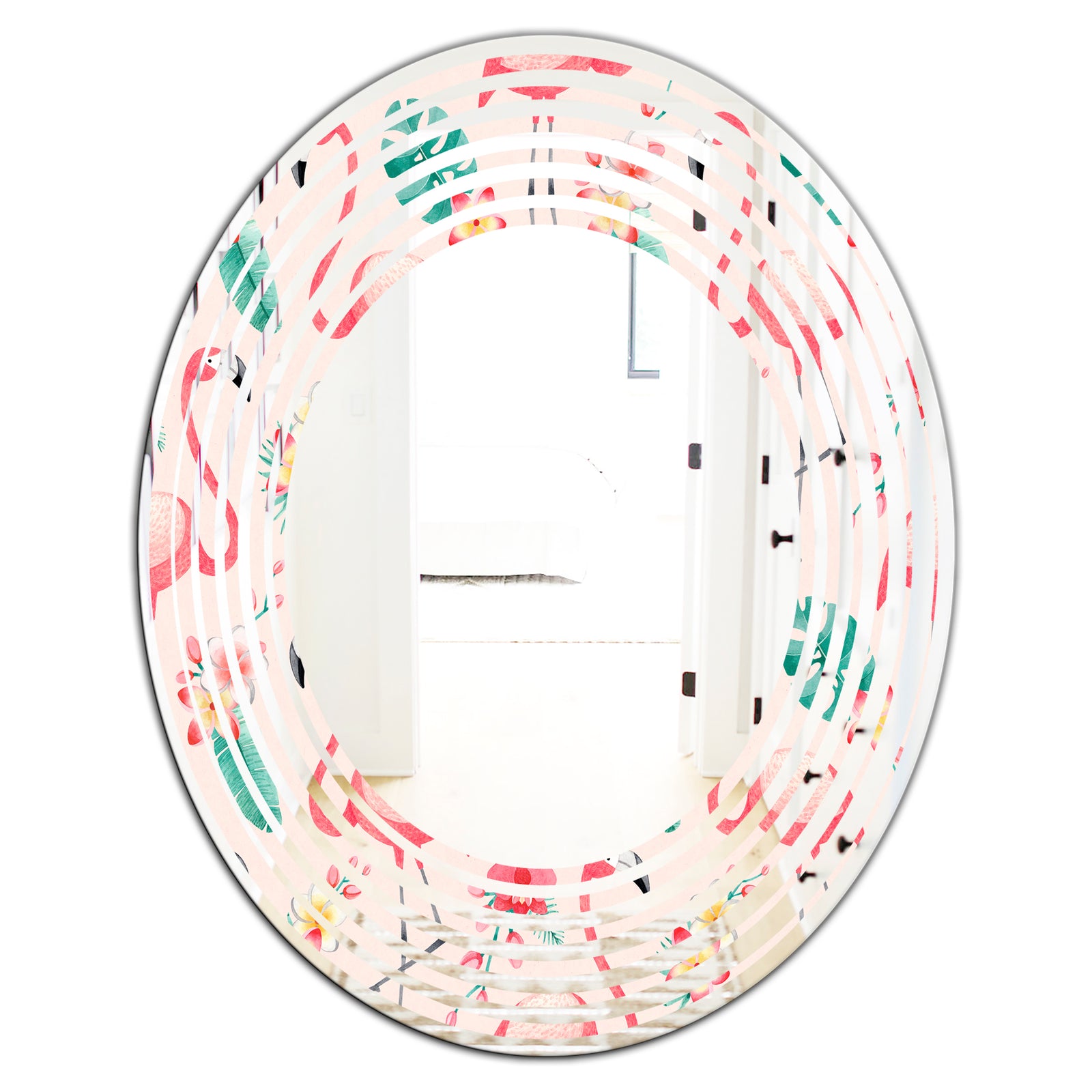 Tropical Botanicals, Flowers and Flamingo II - Modern Round or Oval Wall Mirror - Wave