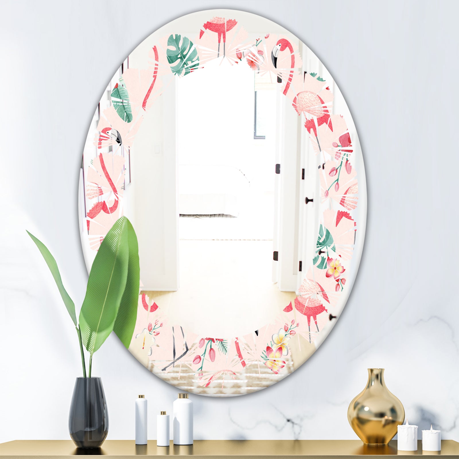 Tropical Botanicals, Flowers and Flamingo II - Modern Round or Oval Wall Mirror - Leaves