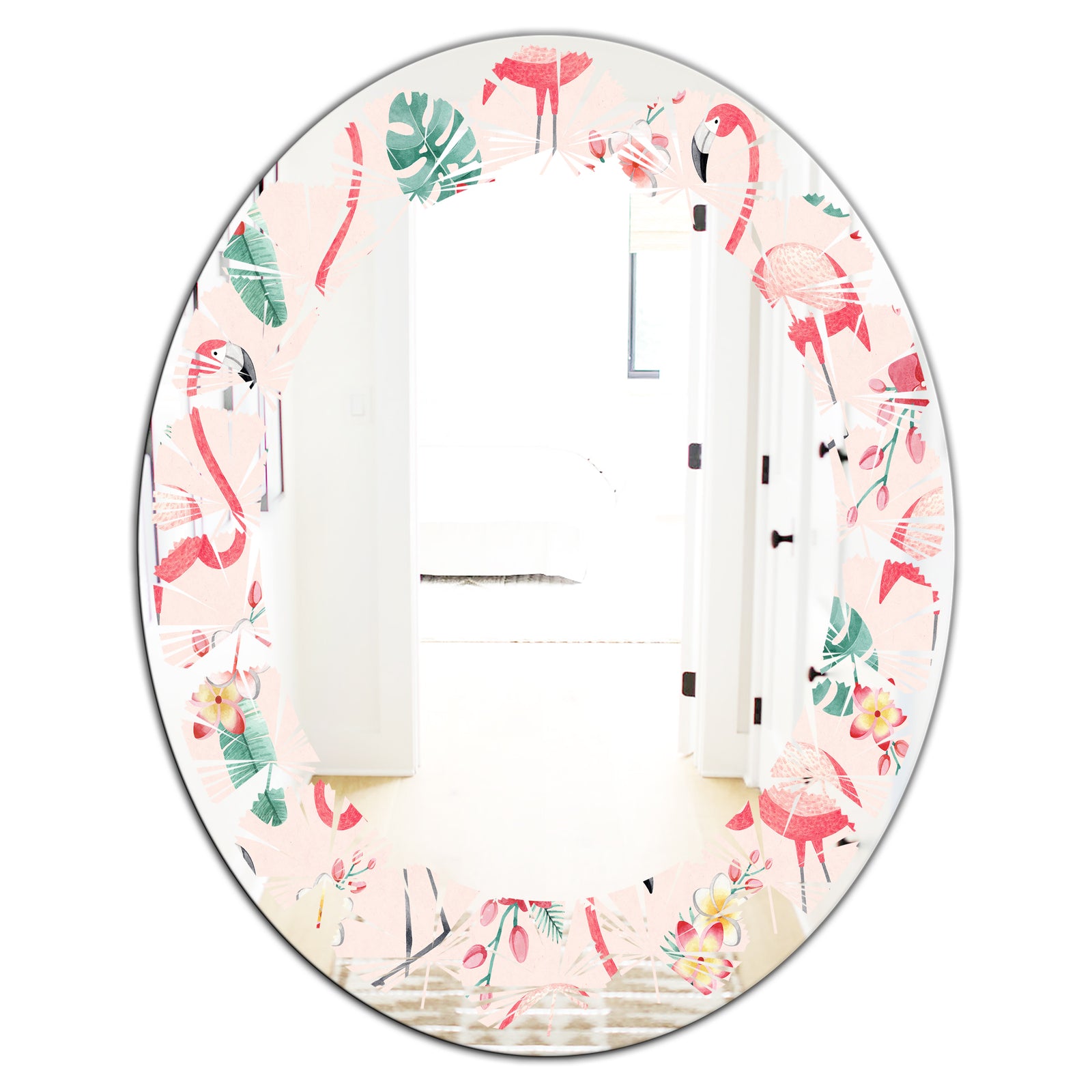 Tropical Botanicals, Flowers and Flamingo II - Modern Round or Oval Wall Mirror - Leaves