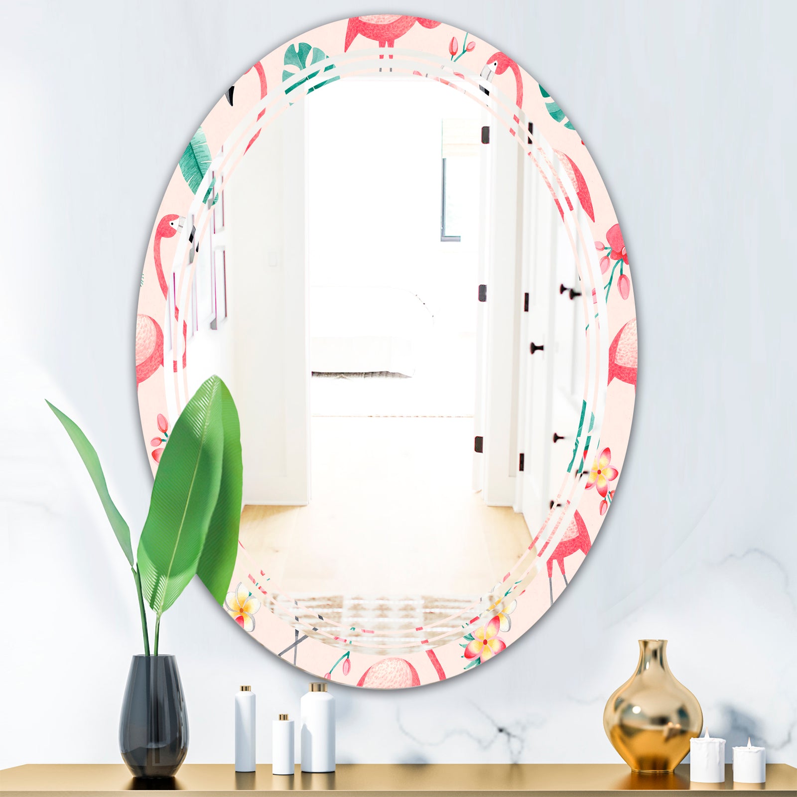Tropical Botanicals, Flowers and Flamingo II - Modern Round or Oval Wall Mirror - Triple C