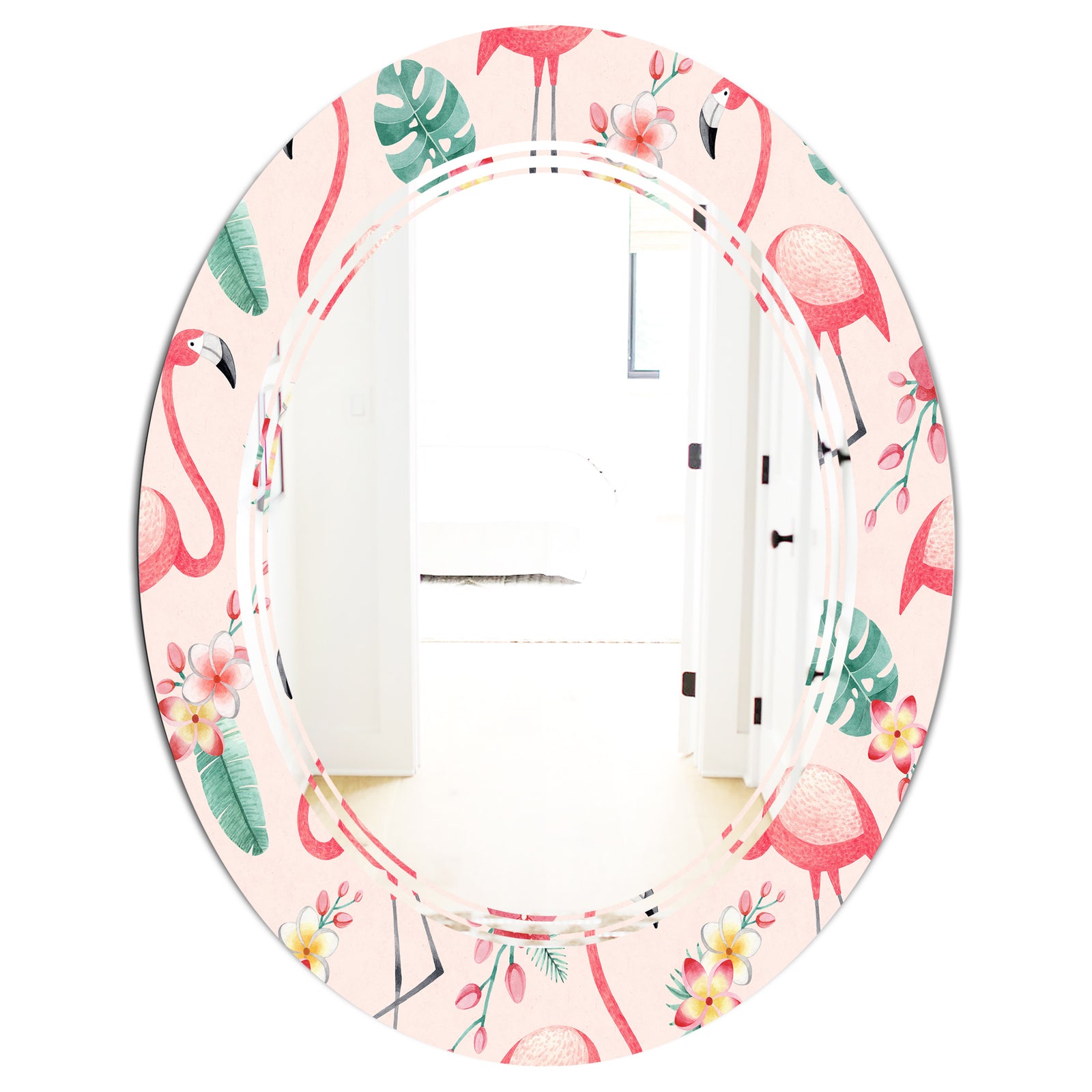 Tropical Botanicals, Flowers and Flamingo II - Modern Round or Oval Wall Mirror - Triple C
