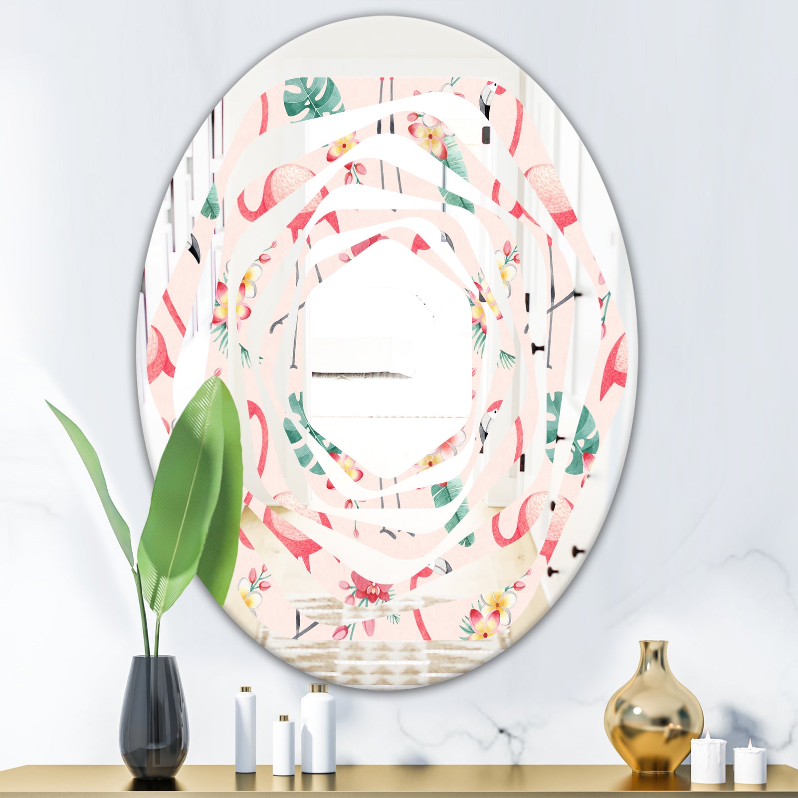 Tropical Botanicals, Flowers and Flamingo II - Modern Round or Oval Wall Mirror - Whirl