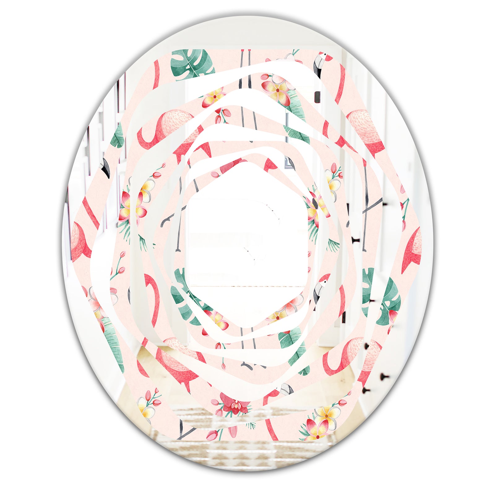 Tropical Botanicals, Flowers and Flamingo II - Modern Round or Oval Wall Mirror - Whirl
