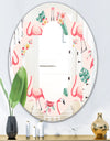 Tropical Botanicals, Flowers and Flamingo II - Modern Round or Oval Wall Mirror - Quatrefoil