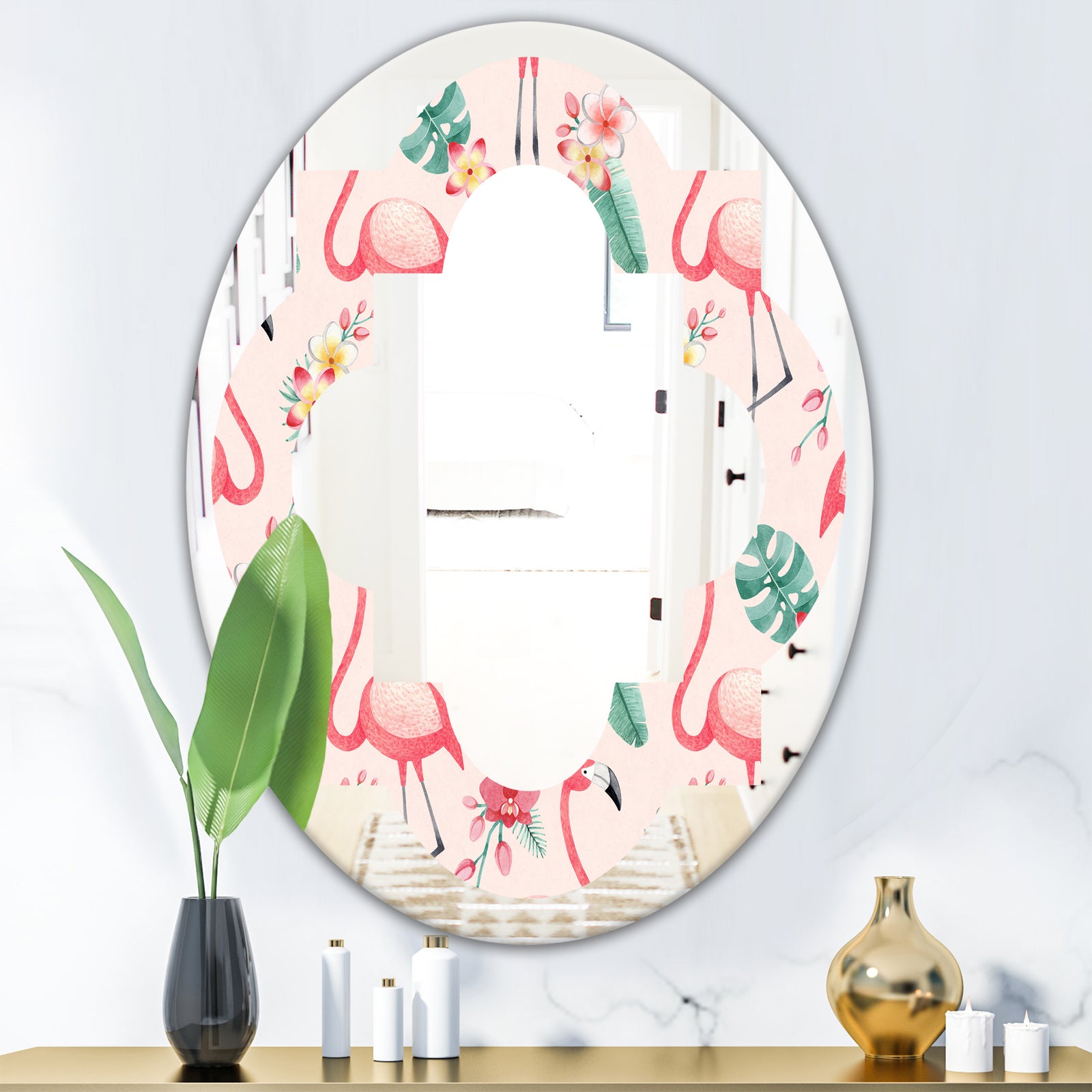 Tropical Botanicals, Flowers and Flamingo II - Modern Round or Oval Wall Mirror - Quatrefoil
