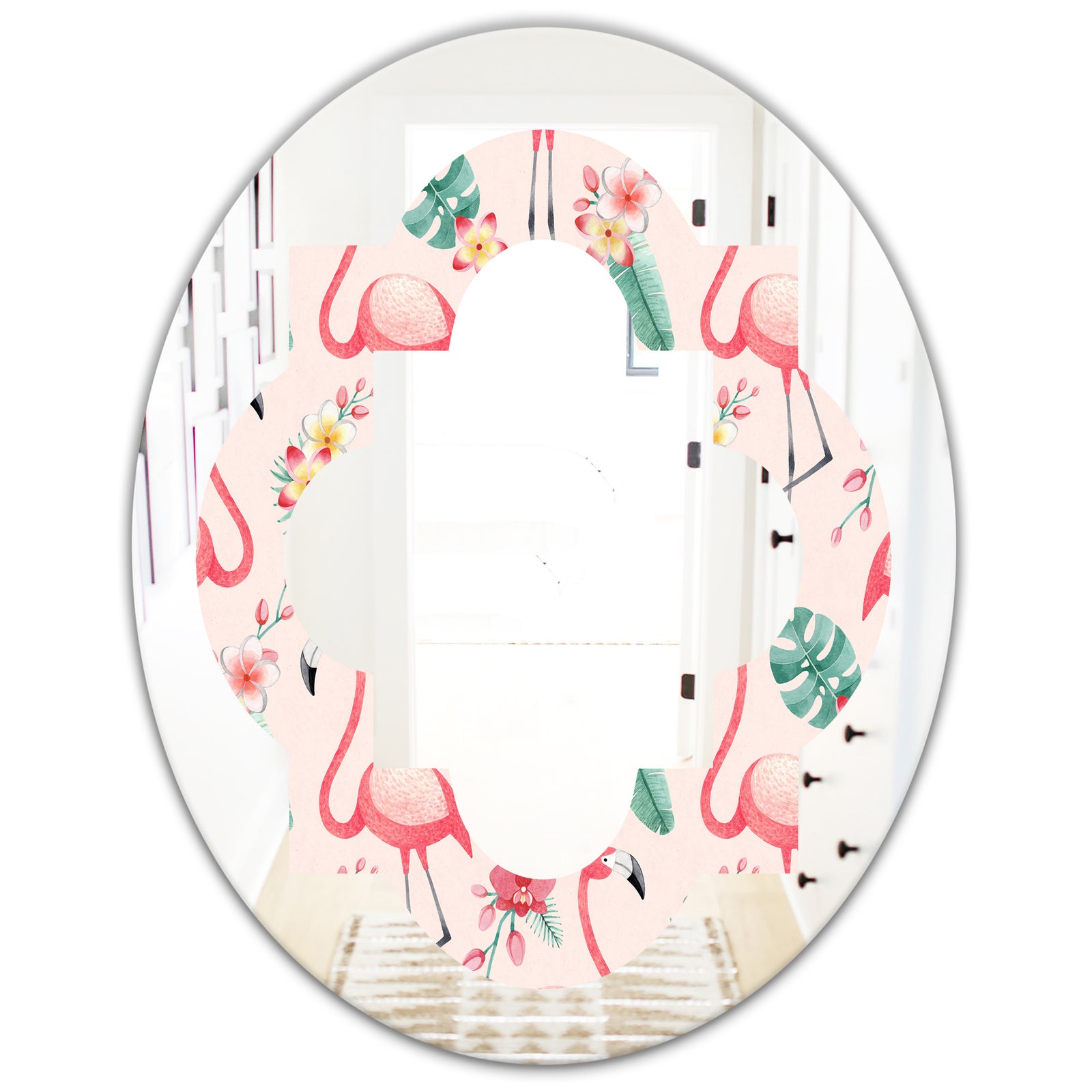 Tropical Botanicals, Flowers and Flamingo II - Modern Round or Oval Wall Mirror - Quatrefoil