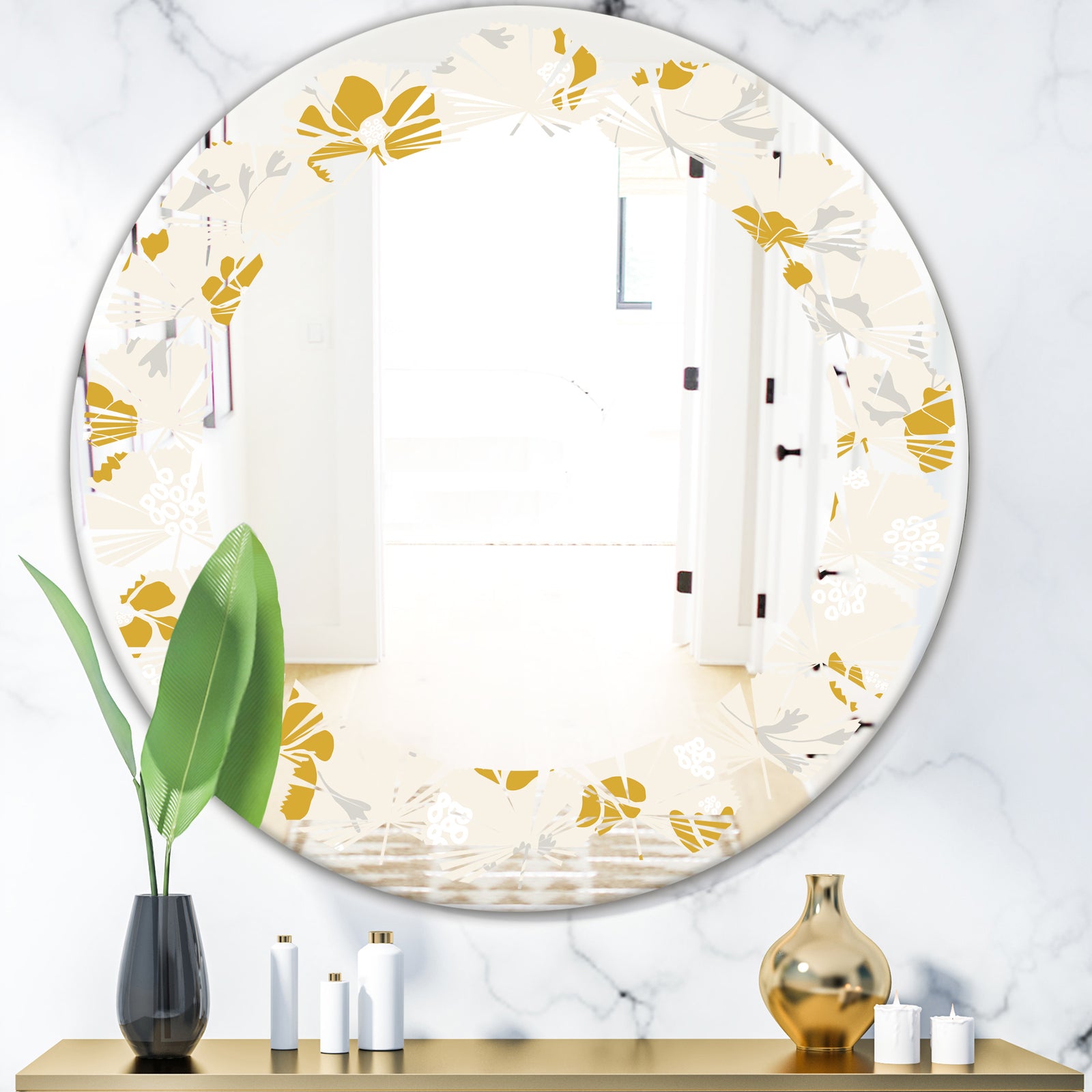 Retro Handdrawn Poppies III - Cottage Round or Oval Wall Mirror - Leaves