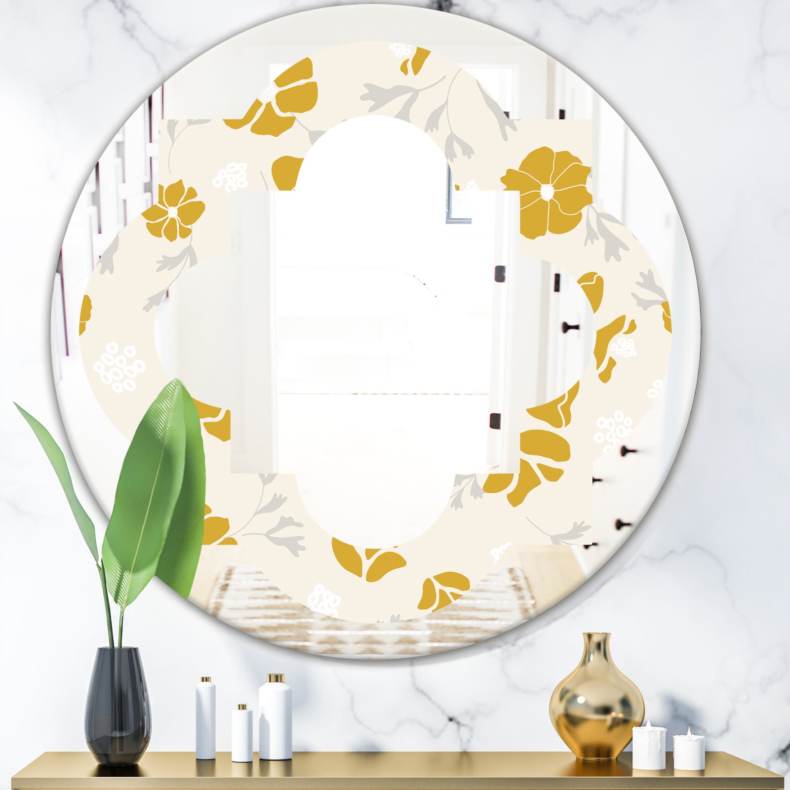 Retro Handdrawn Poppies III - Cottage Round or Oval Wall Mirror - Quatrefoil