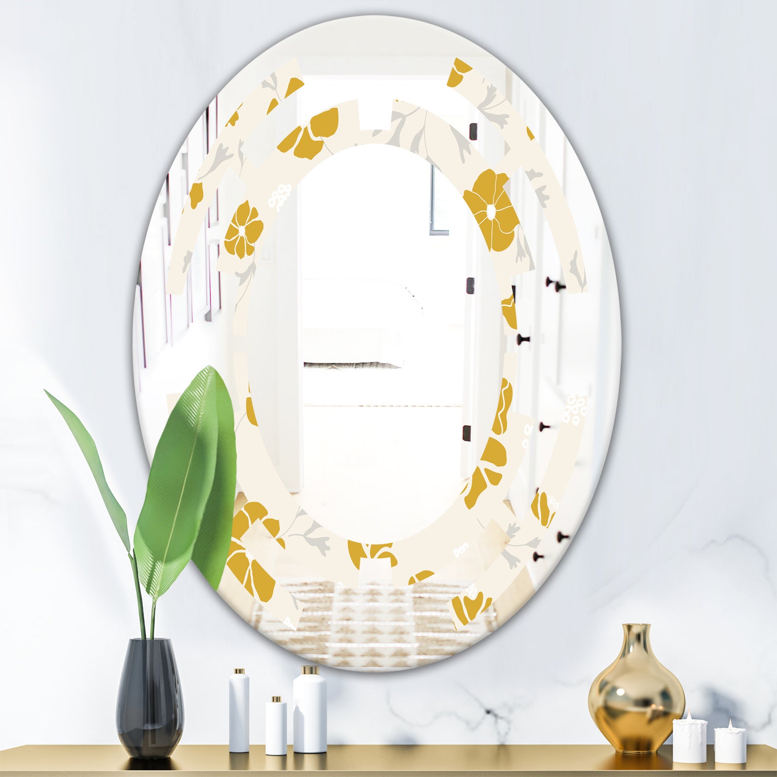 Retro Handdrawn Poppies III - Cottage Round or Oval Wall Mirror - Space