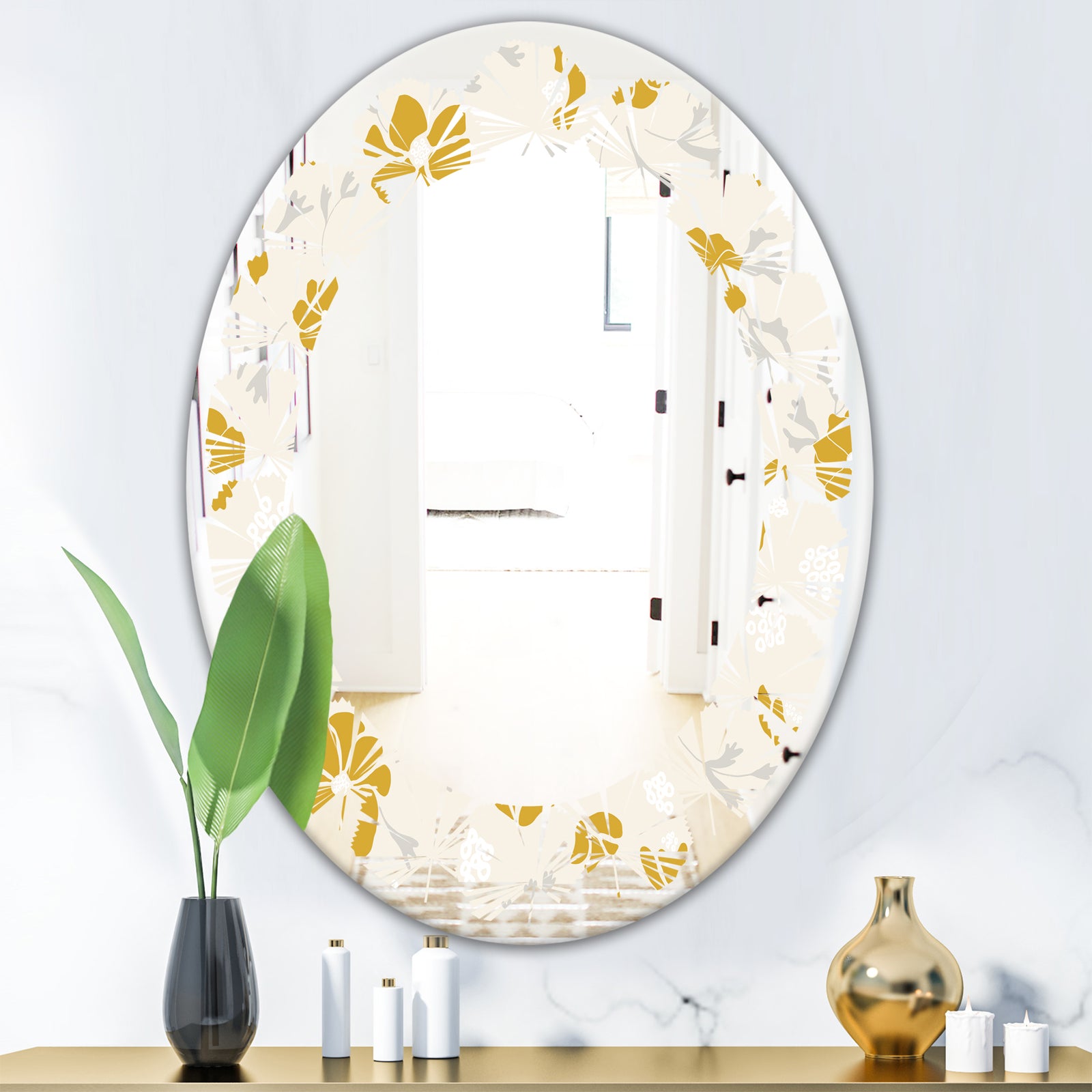 Retro Handdrawn Poppies III - Cottage Round or Oval Wall Mirror - Leaves