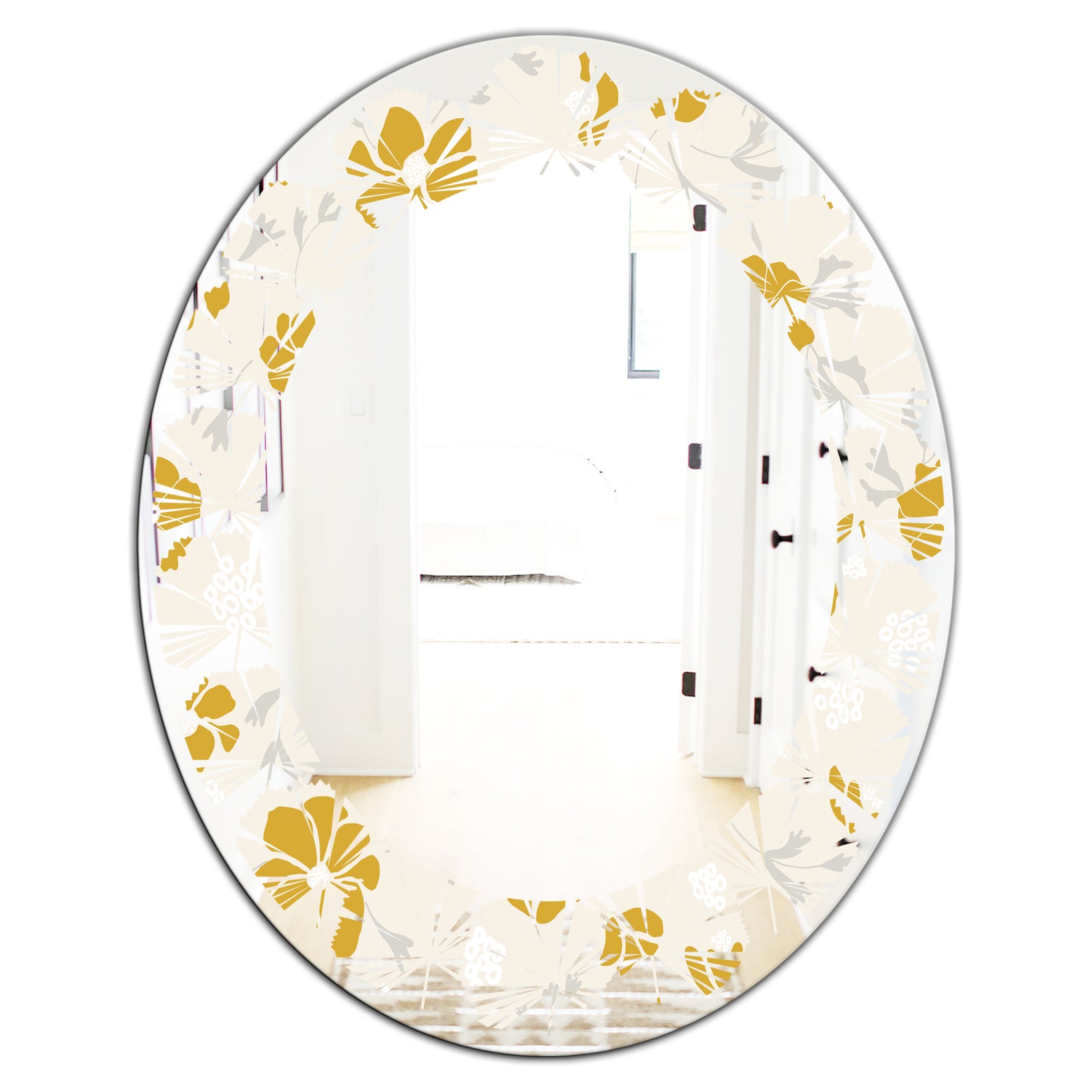 Retro Handdrawn Poppies III - Cottage Round or Oval Wall Mirror - Leaves