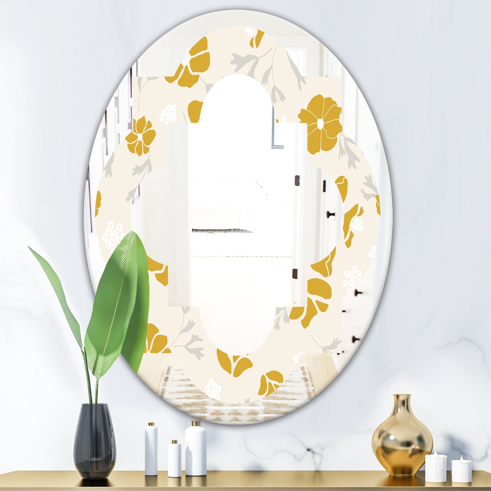 Retro Handdrawn Poppies III - Cottage Round or Oval Wall Mirror - Quatrefoil