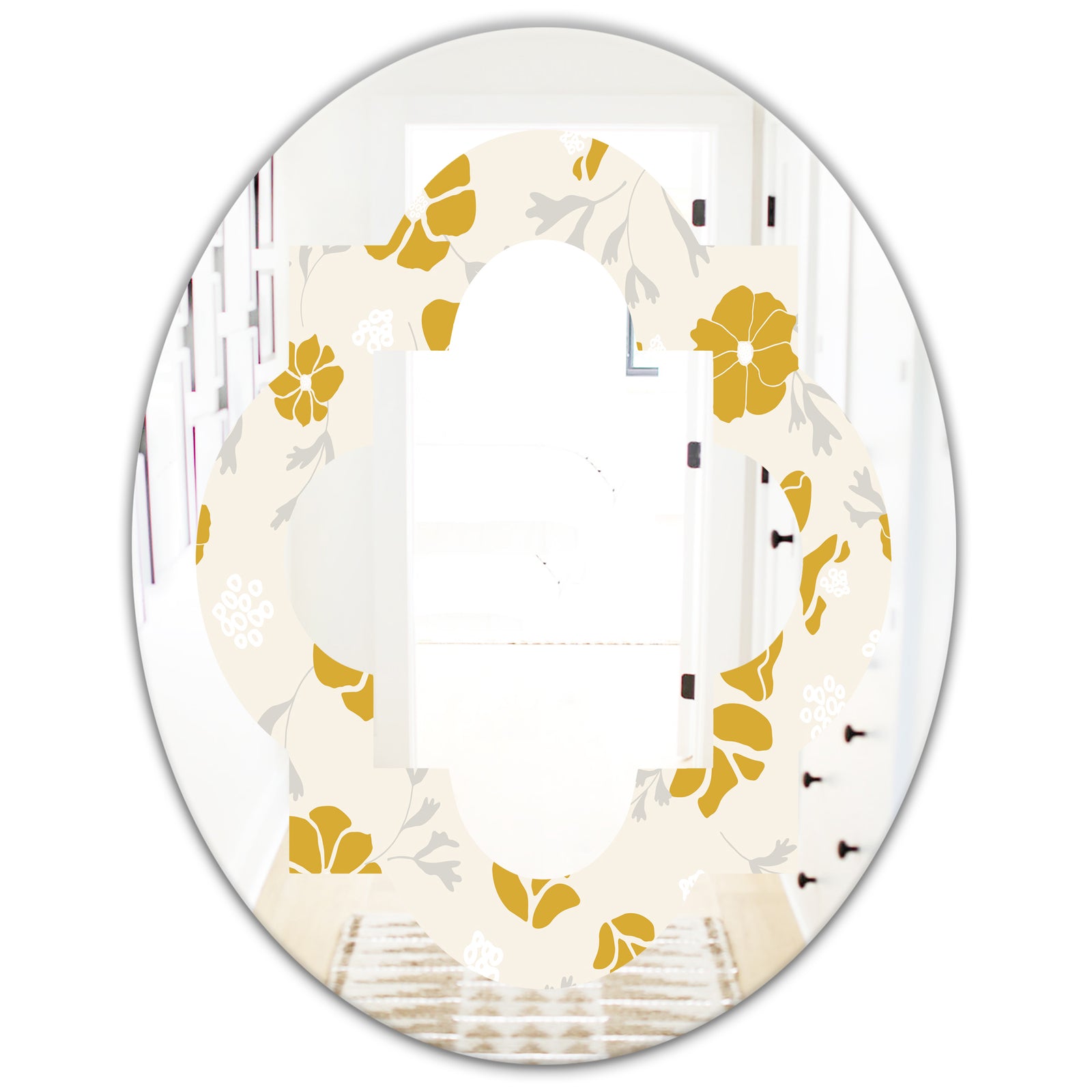 Retro Handdrawn Poppies III - Cottage Round or Oval Wall Mirror - Quatrefoil