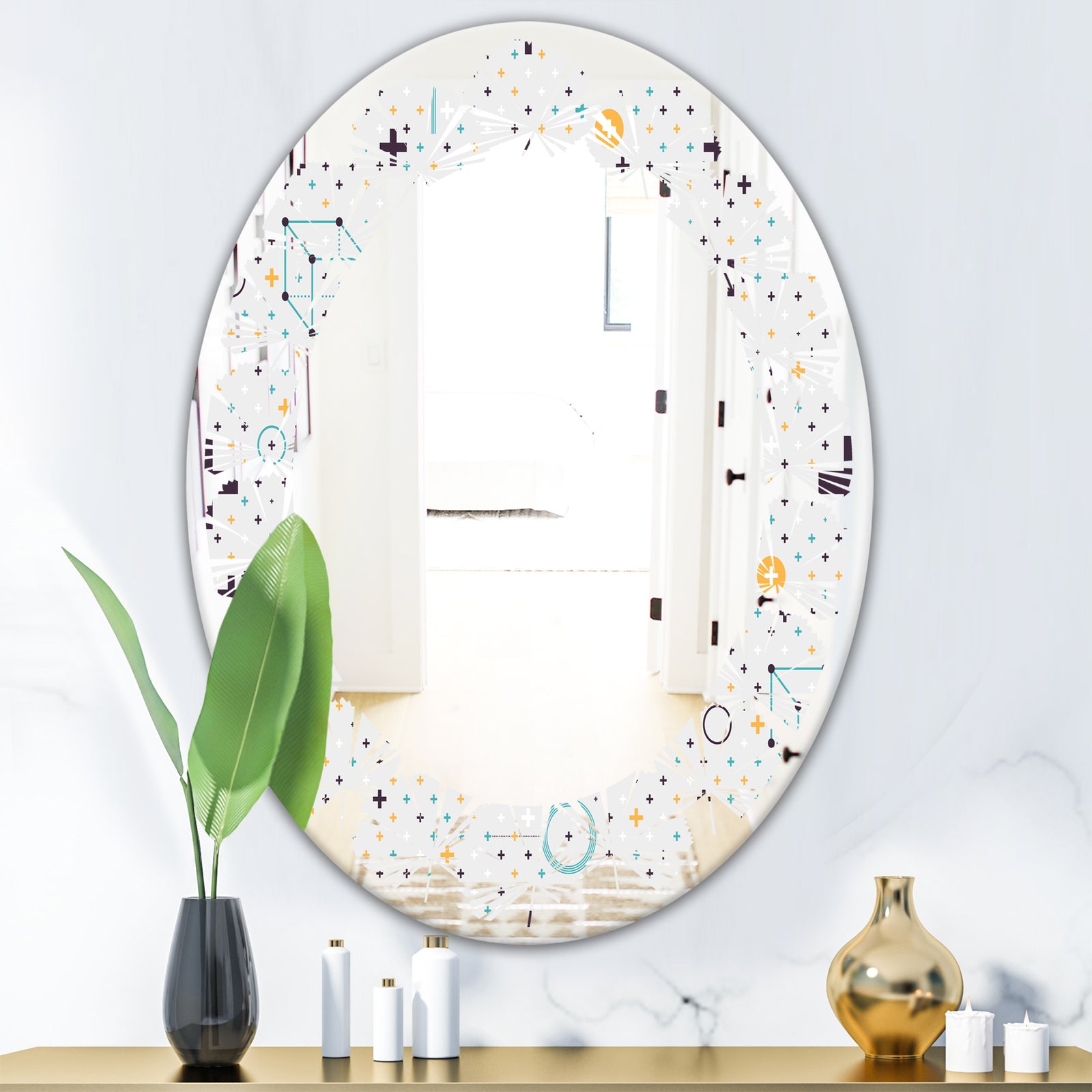 Minimalistic Geometric Elements - Modern Round or Oval Wall Mirror - Leaves