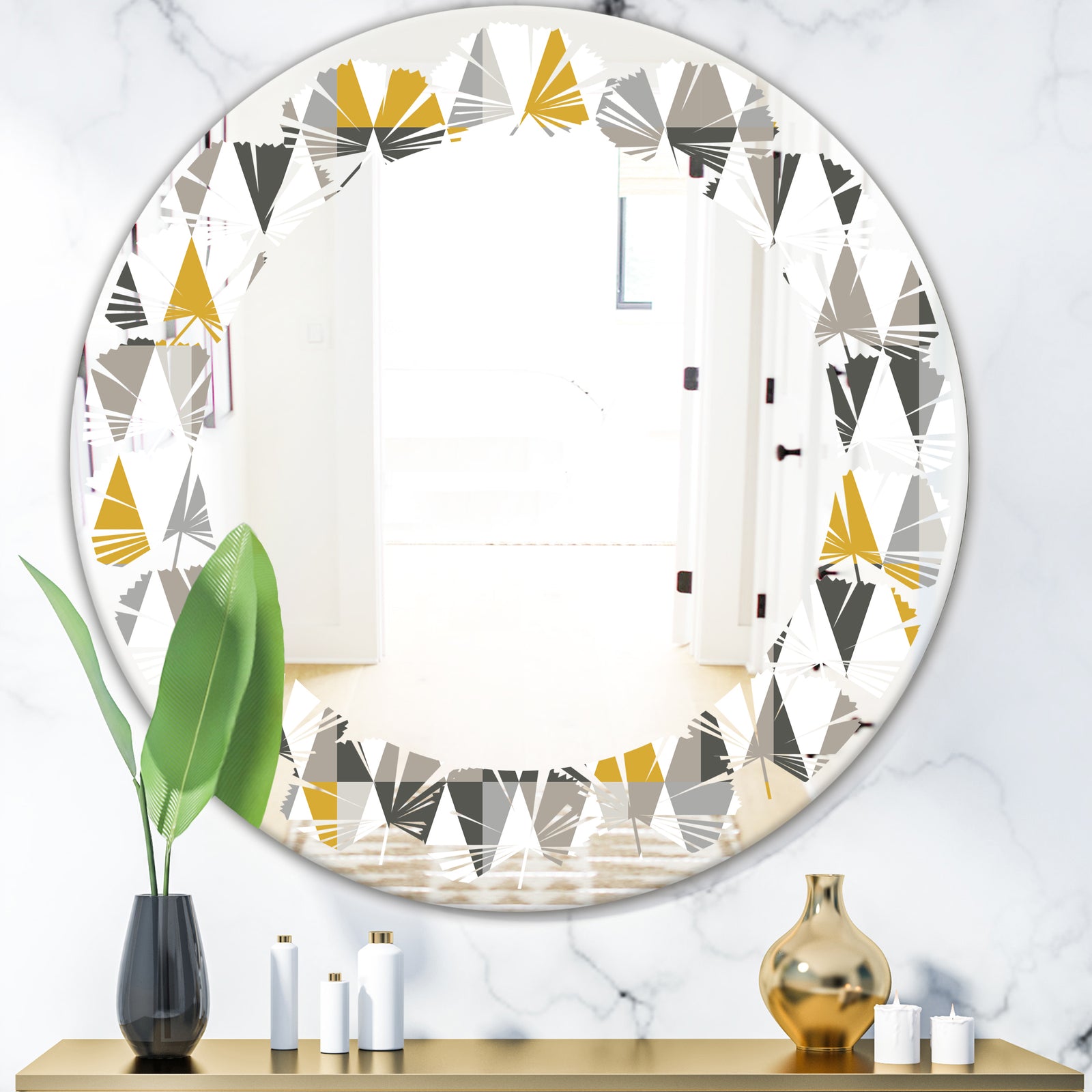 Diamond Retro VIII - Modern Round or Oval Wall Mirror - Leaves
