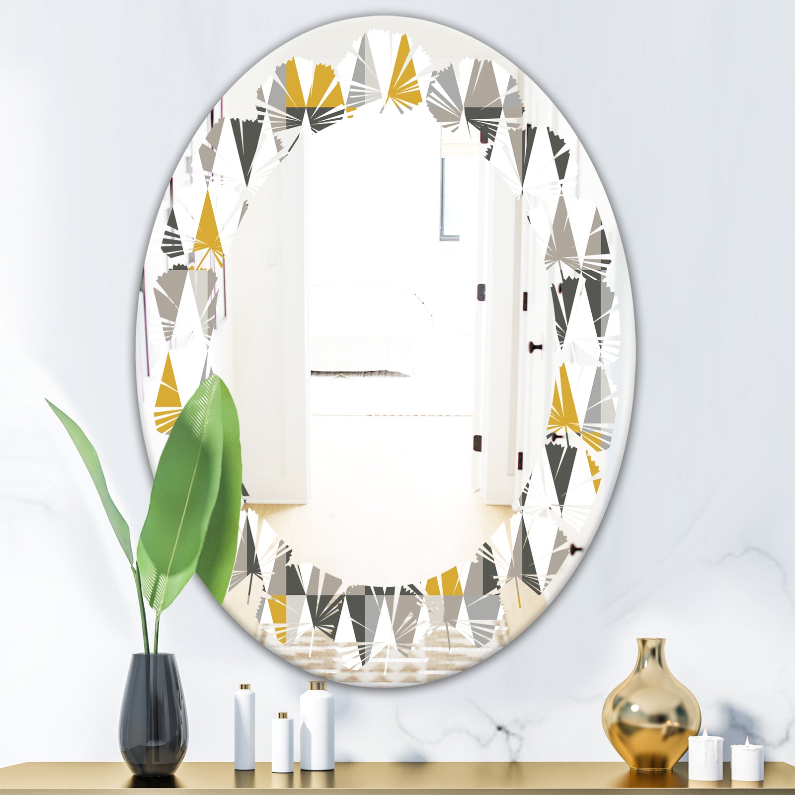 Diamond Retro VIII - Modern Round or Oval Wall Mirror - Leaves