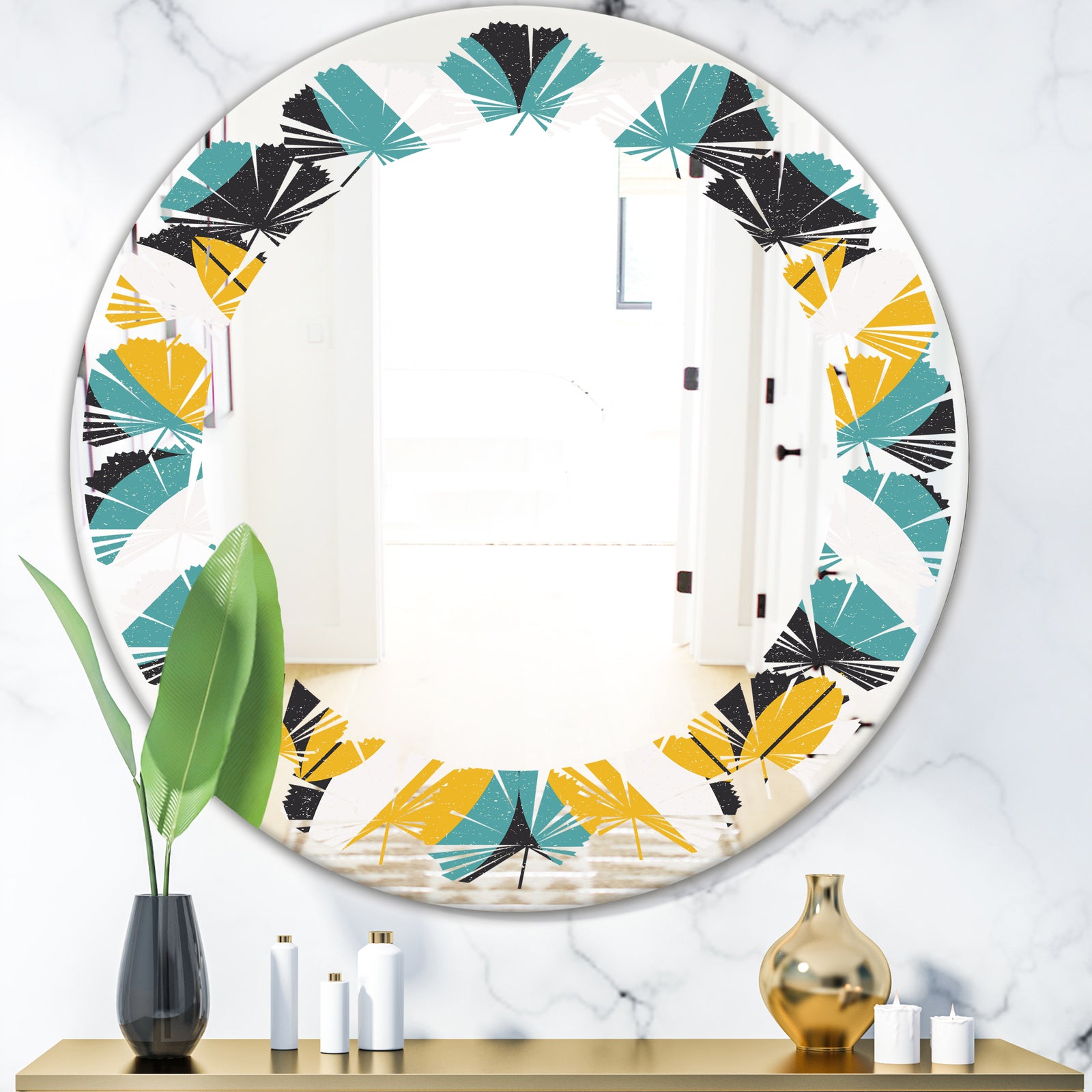 Retro Abstract Design VII - Modern Round or Oval Wall Mirror - Leaves