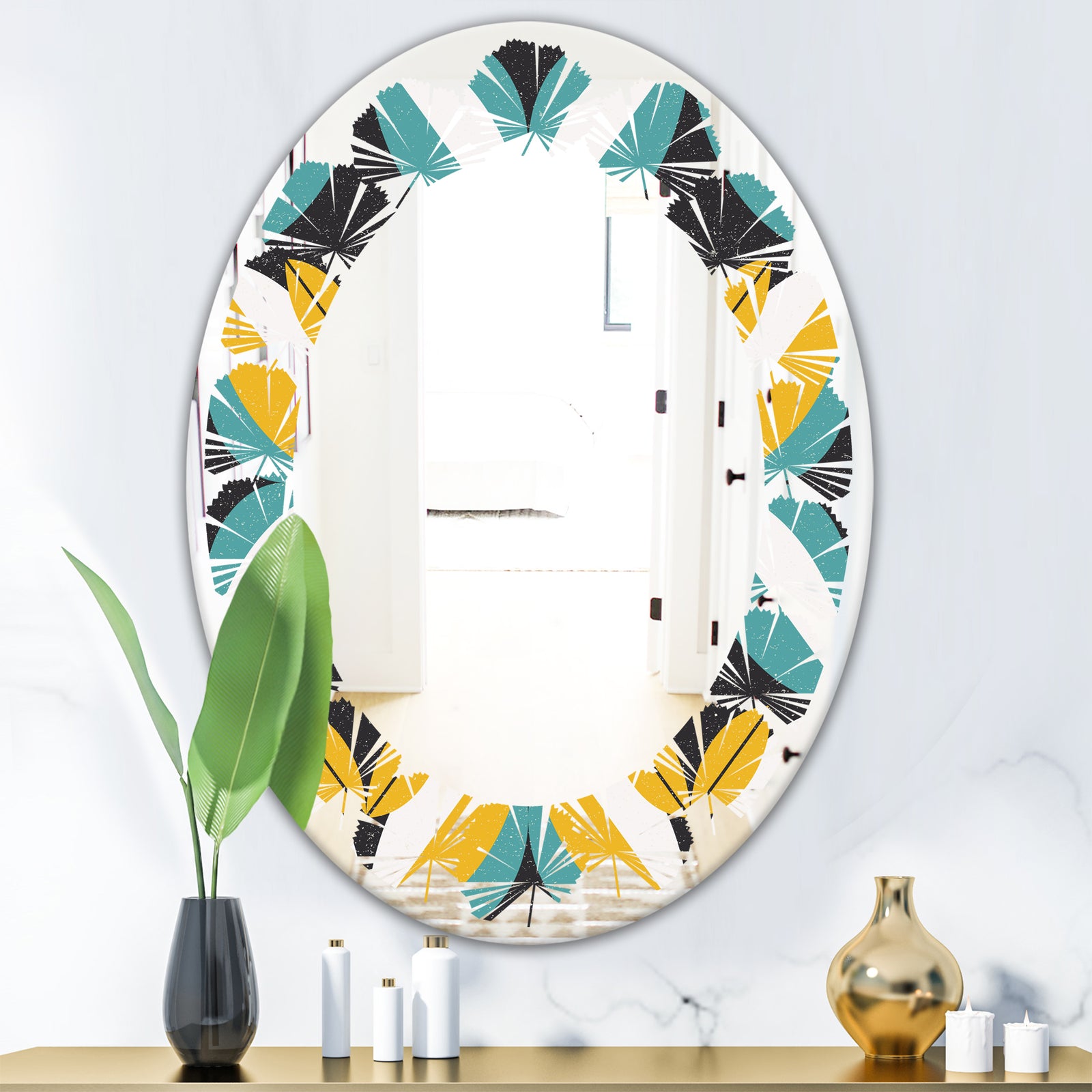Retro Abstract Design VII - Modern Round or Oval Wall Mirror - Leaves