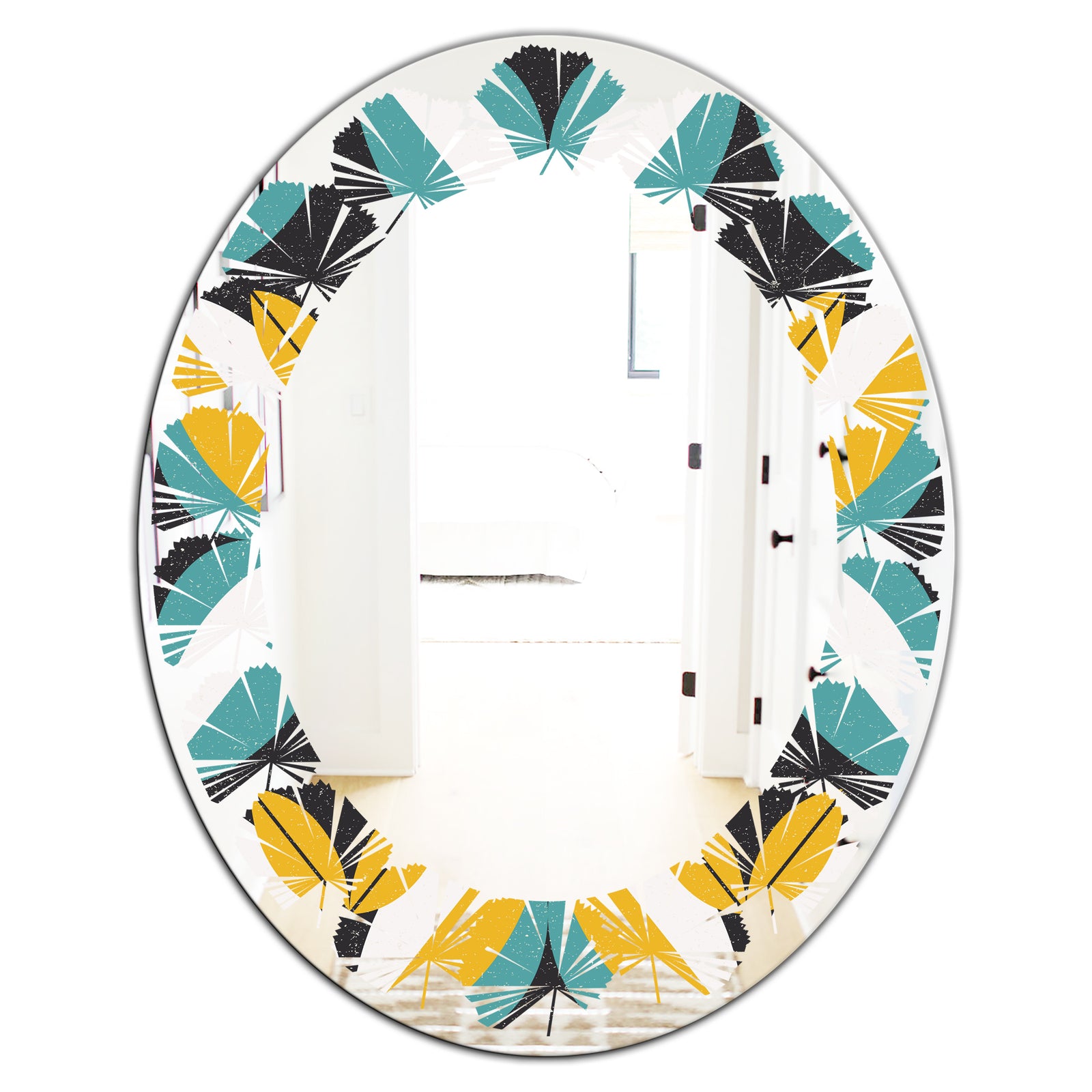 Retro Abstract Design VII - Modern Round or Oval Wall Mirror - Leaves