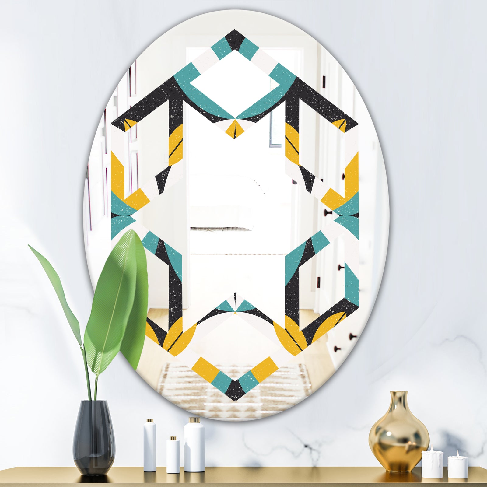 Retro Abstract Design VII - Modern Round or Oval Wall Mirror - Hexagon Star