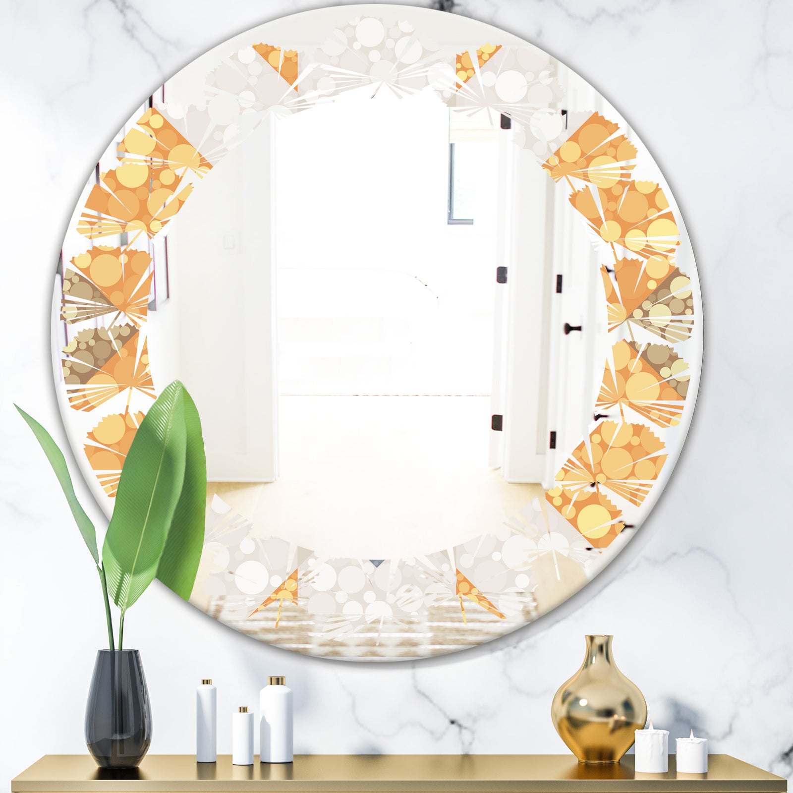 Geometric Retro Design I - Modern Round or Oval Wall Mirror - Leaves