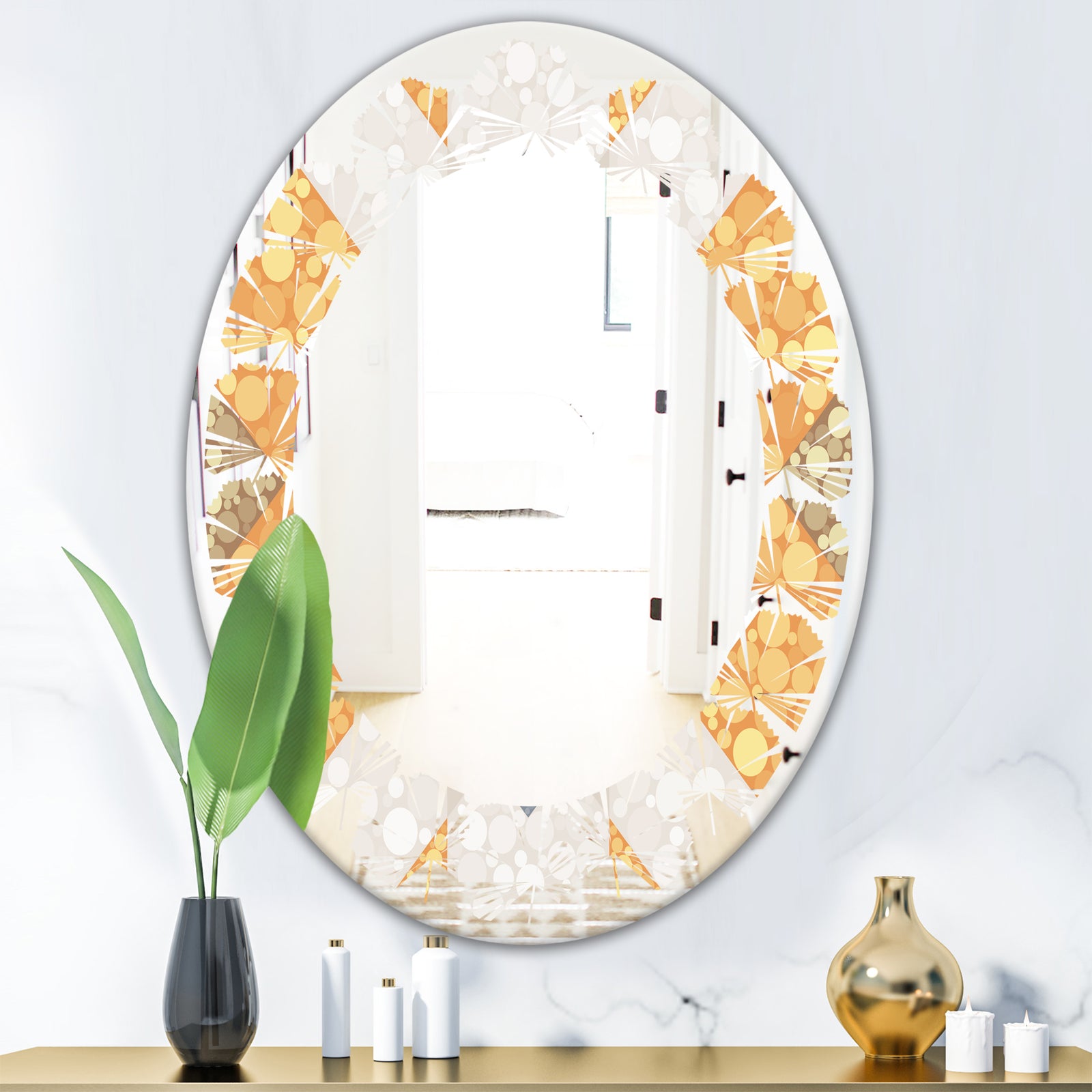 Geometric Retro Design I - Modern Round or Oval Wall Mirror - Leaves