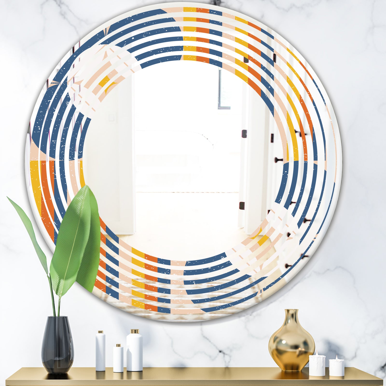 Retro Floral Pattern XI - Modern Round or Oval Wall Mirror - Wave