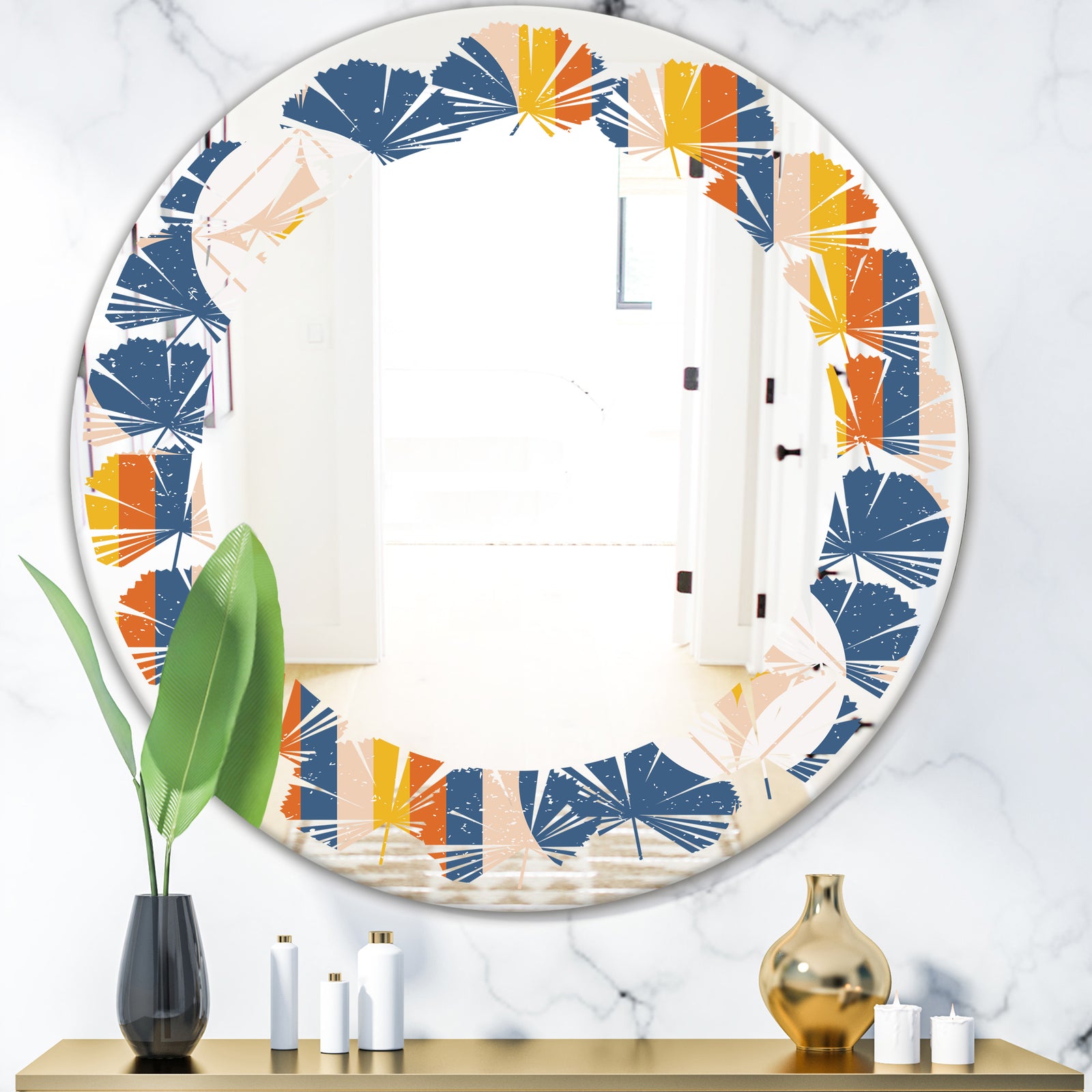 Retro Floral Pattern XI - Modern Round or Oval Wall Mirror - Leaves